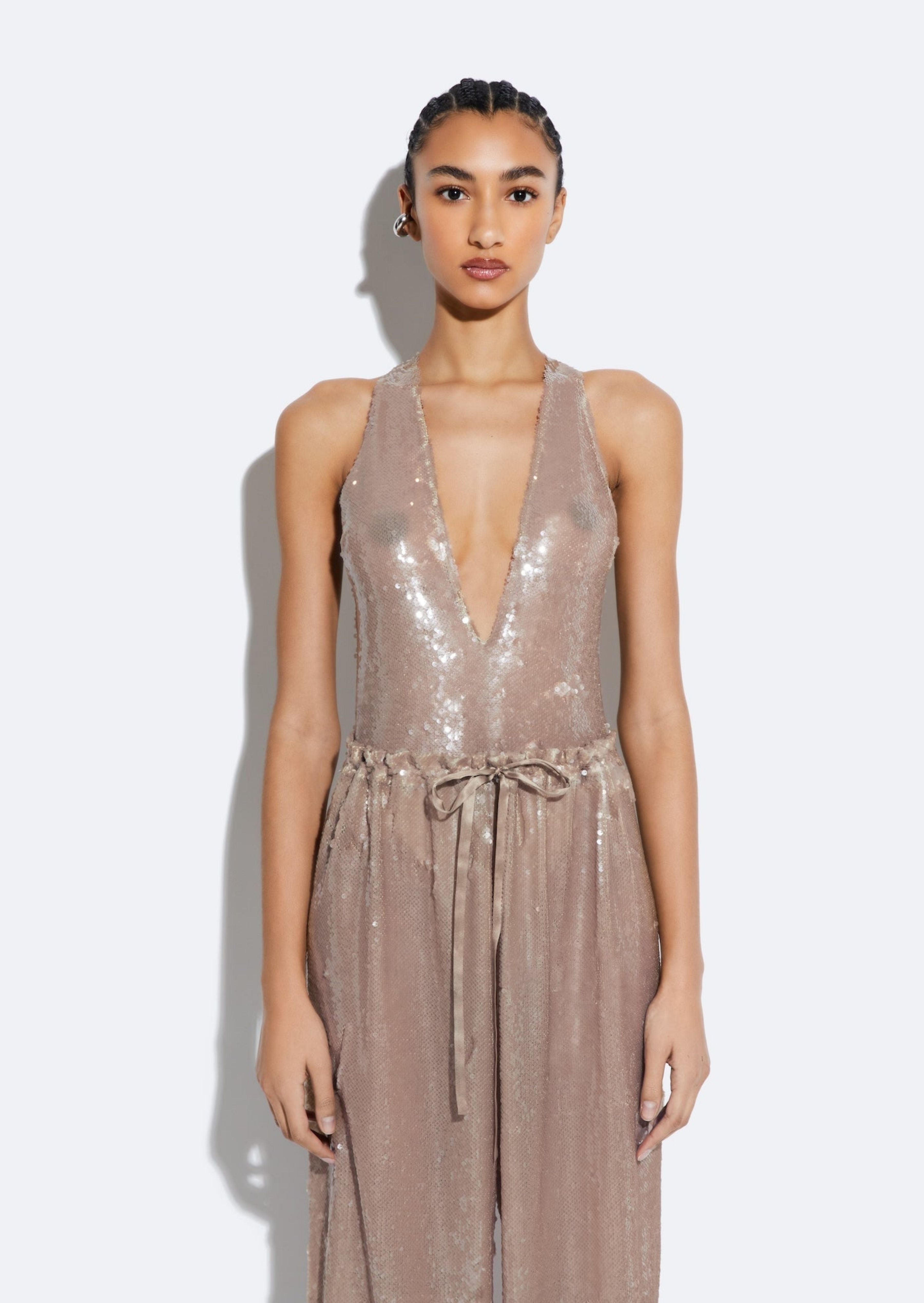 Sheer Sequin Plunge Neck Bodysuit