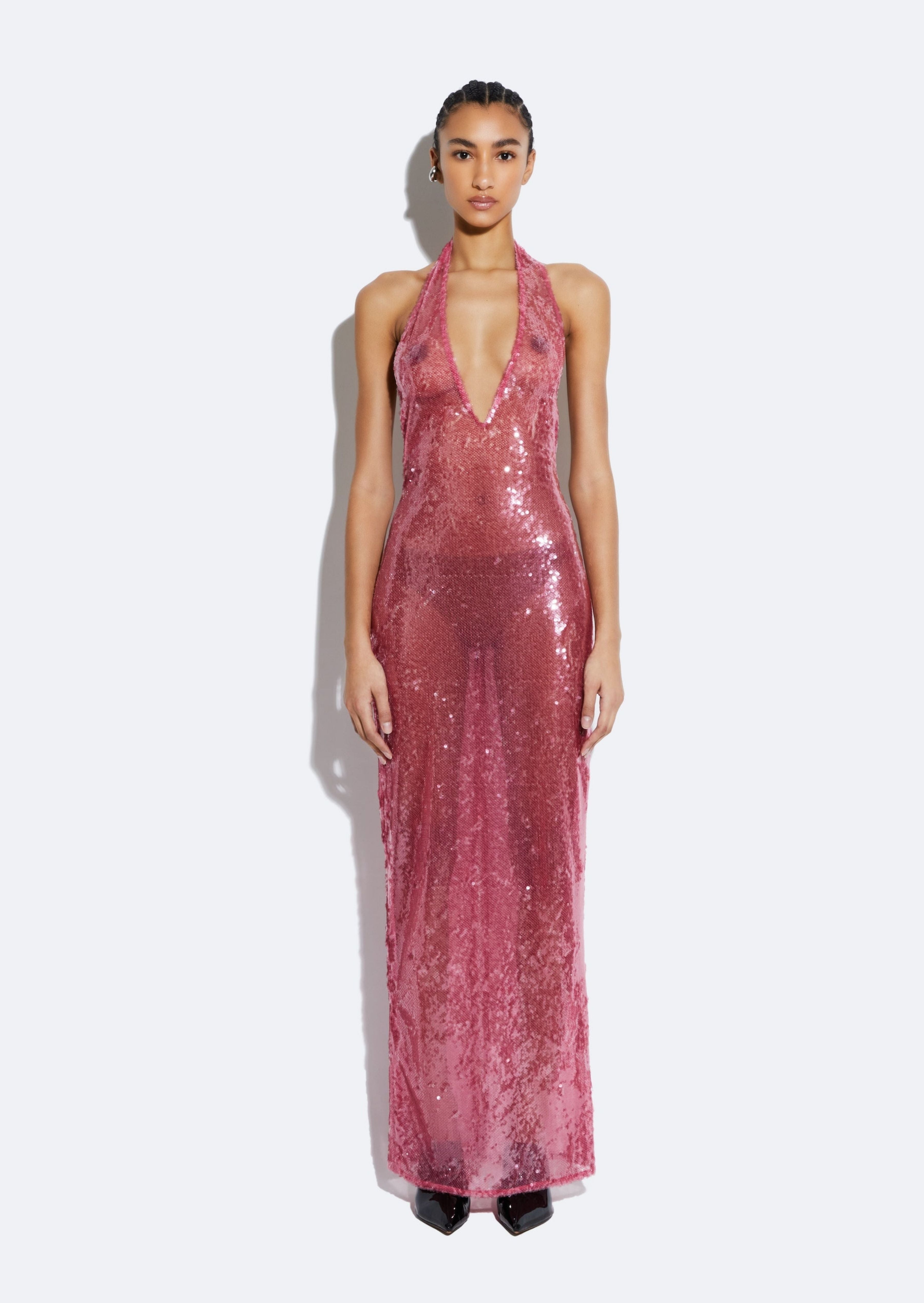 Sheer Sequin Deep V Neck Gown