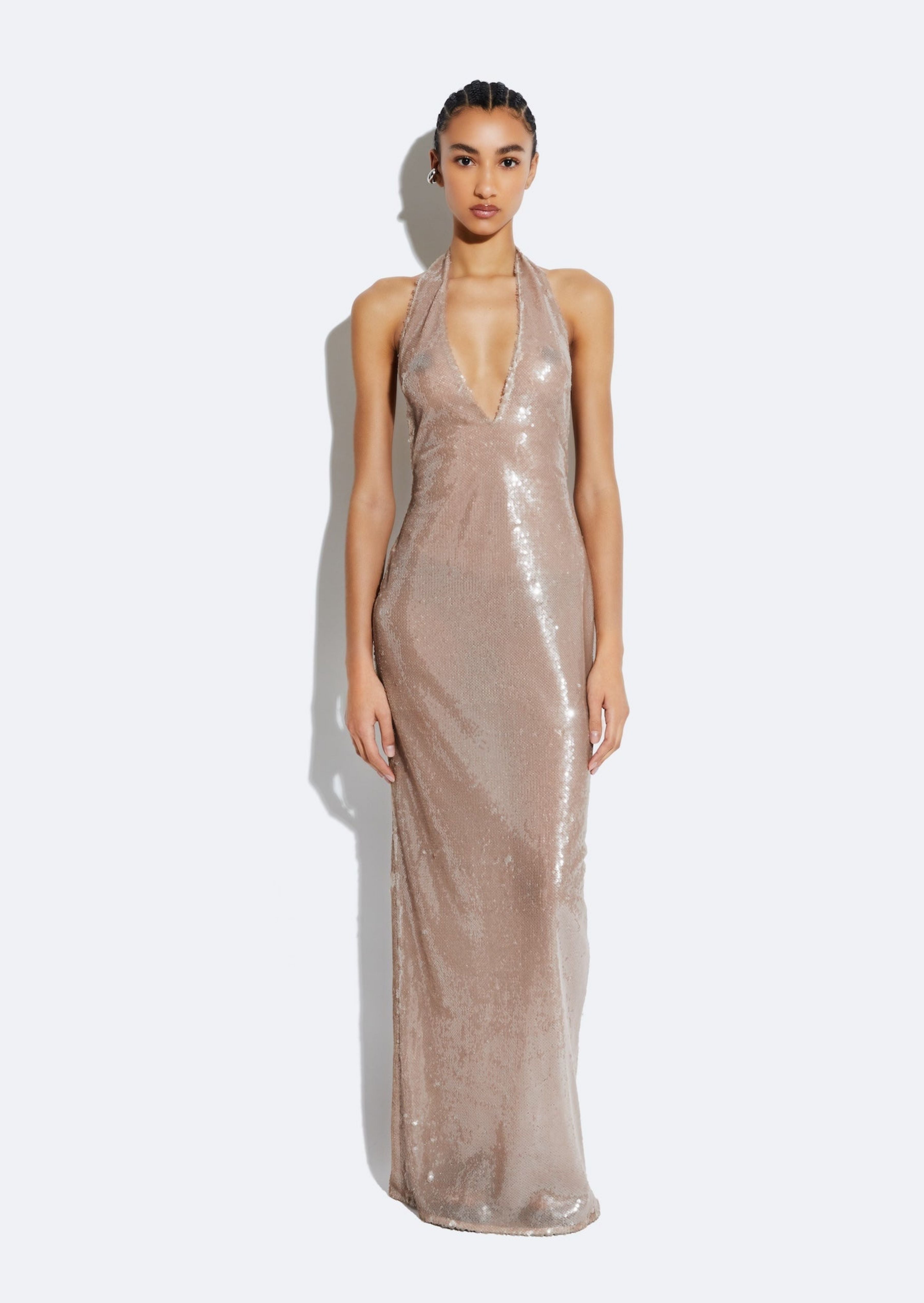 Sheer Sequin Deep V Neck Gown