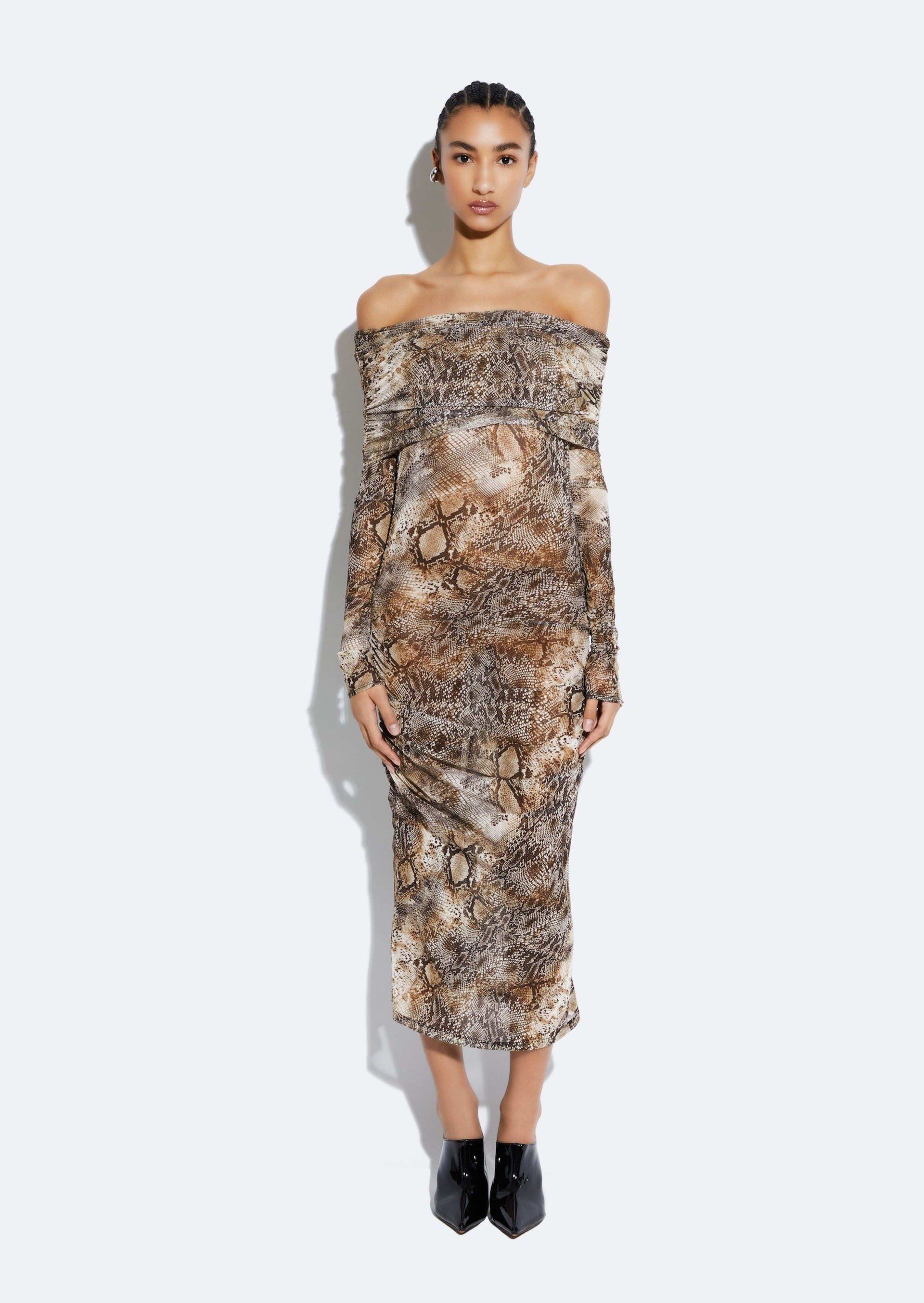 Snake Mesh Off The Shoulder Dress in Snake print Dark Brown