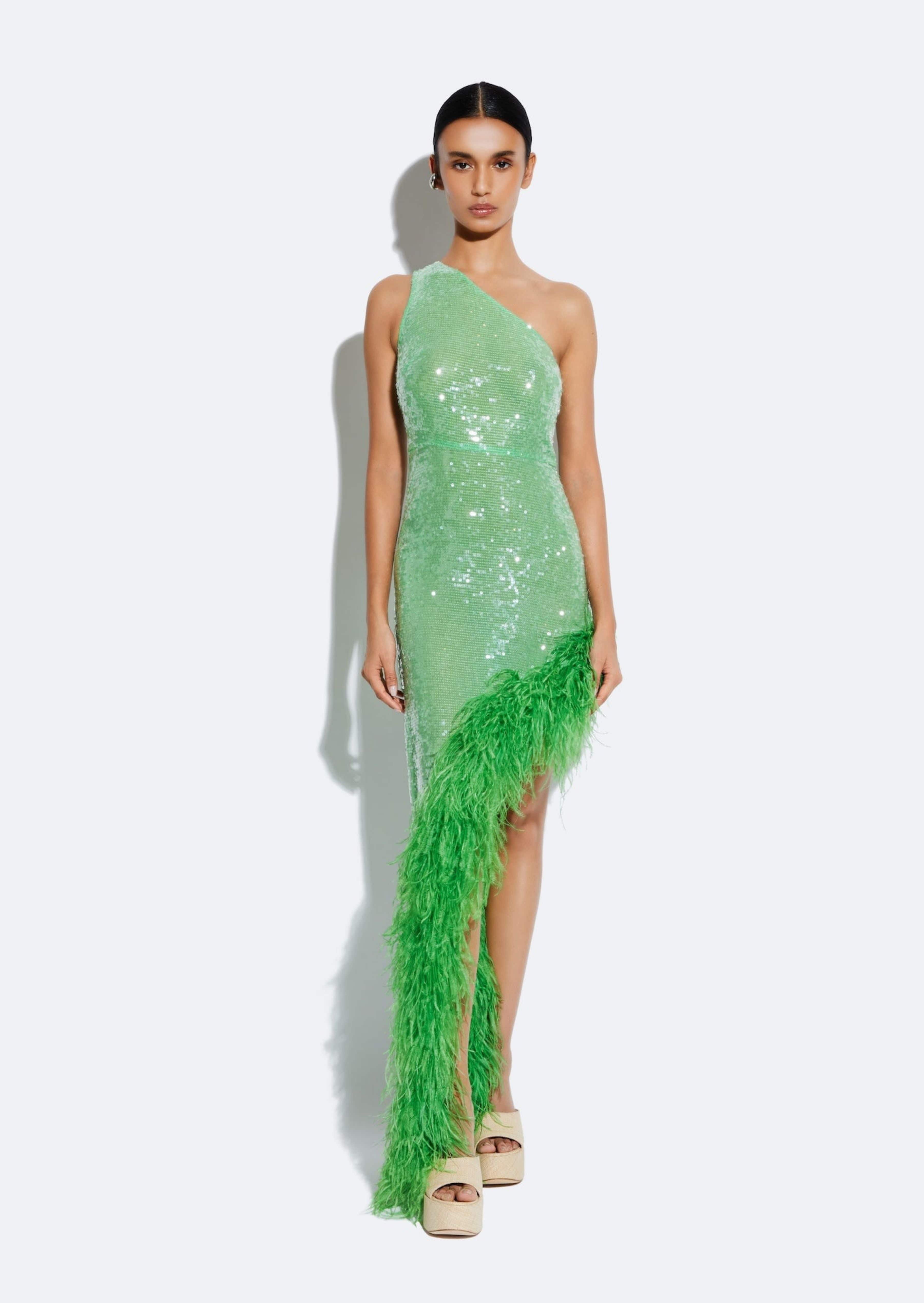 Sequin Sleeveless One Shoulder Dress With Feathers