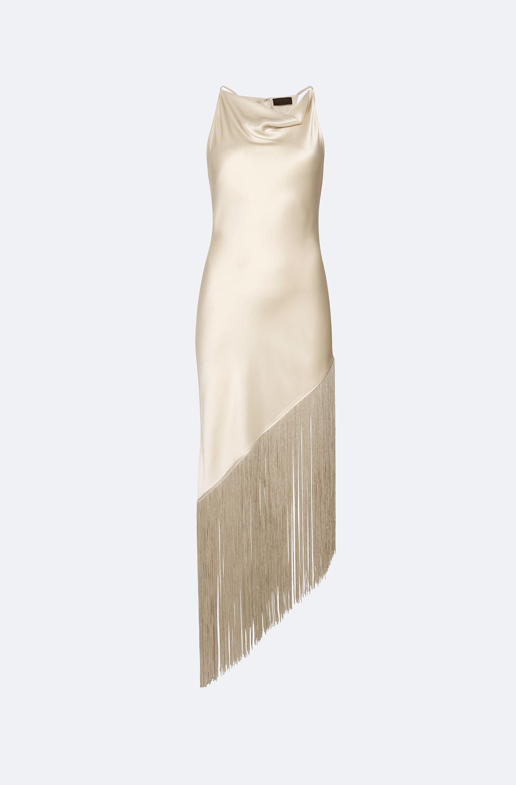 Satin Cowl Neck Fringe Dress - LAPOINTE