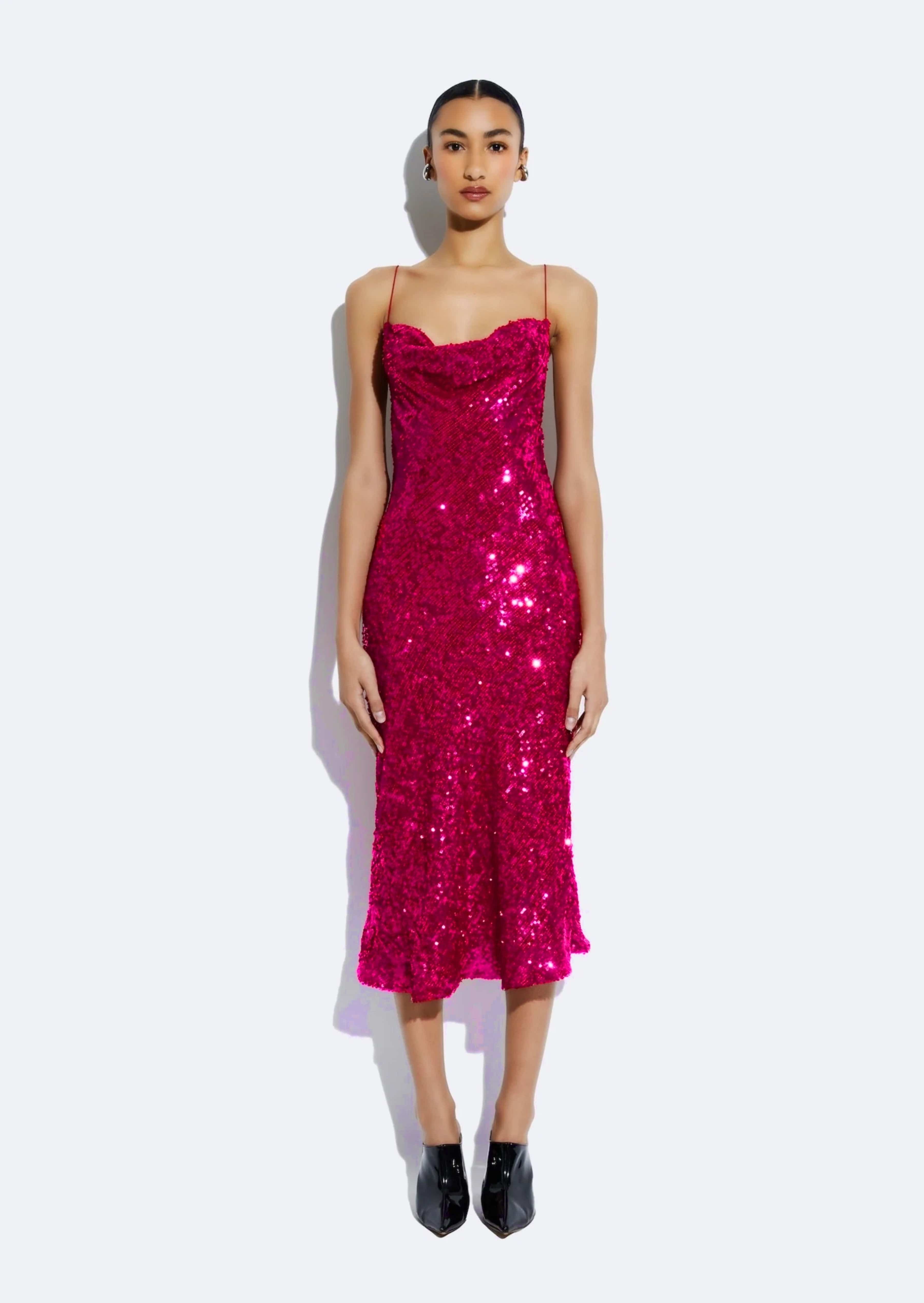 LAPOINTE Sequin Cowl Midi Dress Ultra Pink 6