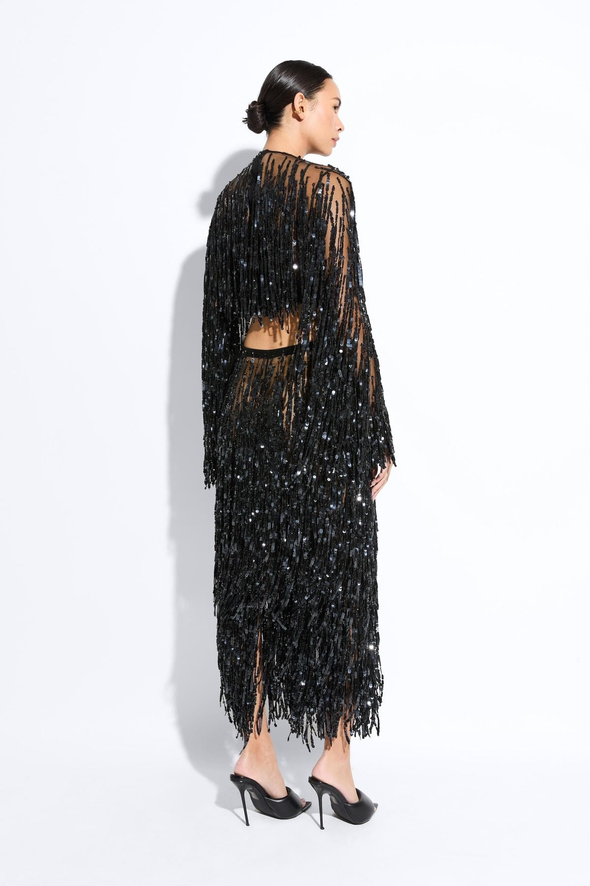 Top Back View Fringe Sequin Cropped Top in Black Black | LAPOINTE