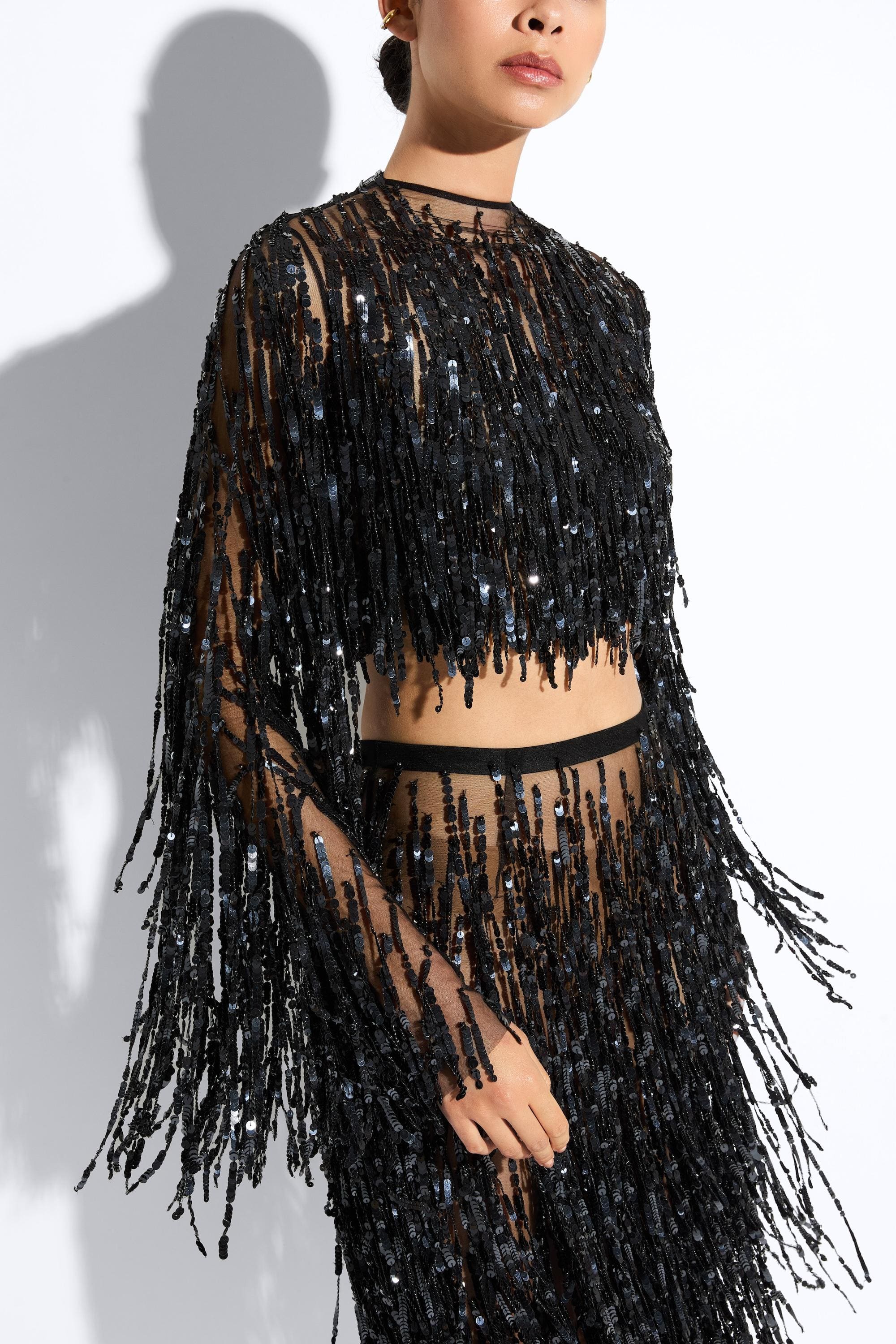 Fringe Sequin Cropped Top in Black Black | LAPOINTE