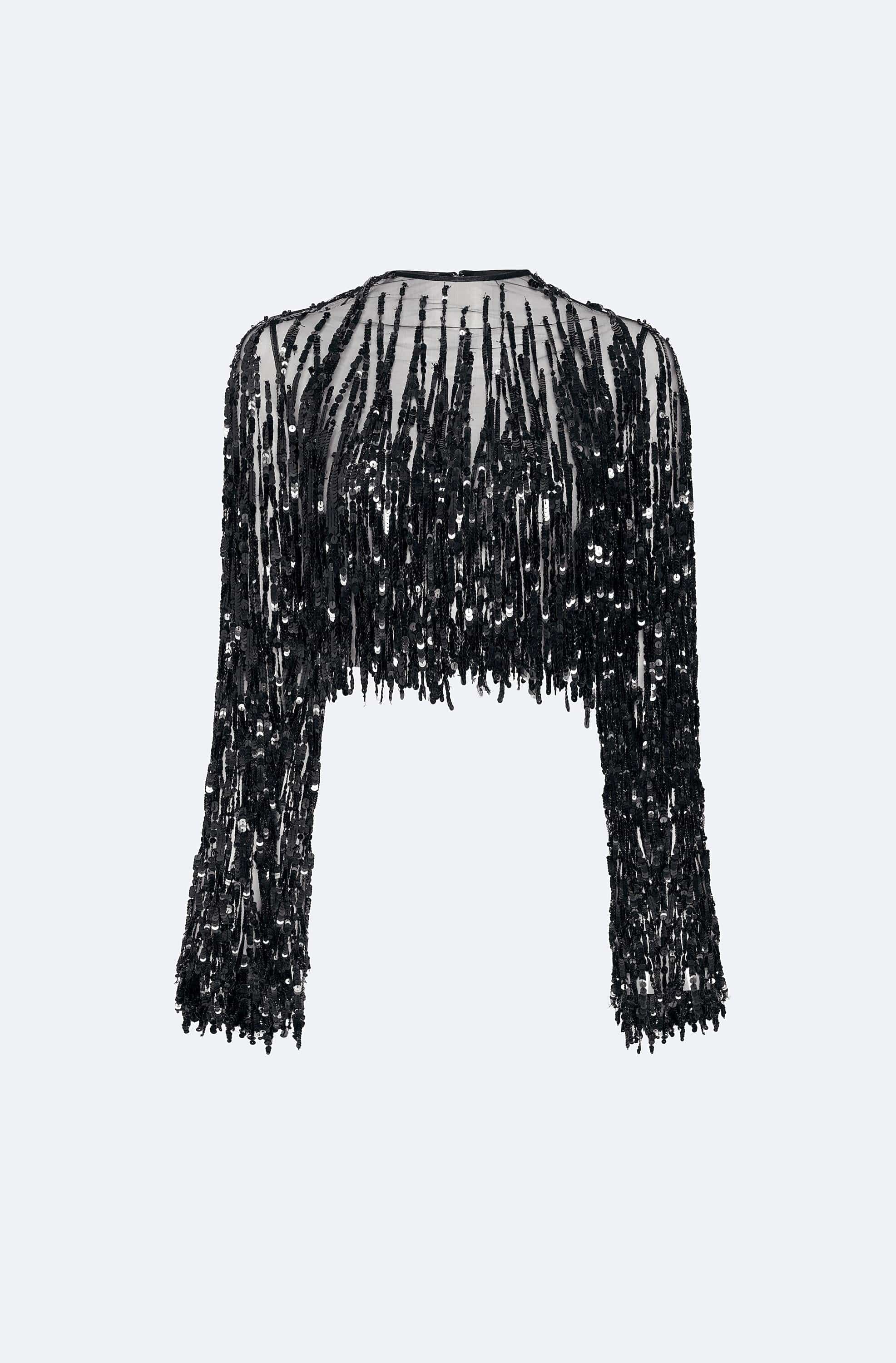 Fringe Sequin Cropped Top in Black Black | LAPOINTE