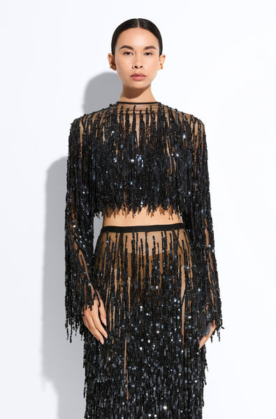Fringe Sequin Cropped Top in Black Black | LAPOINTE