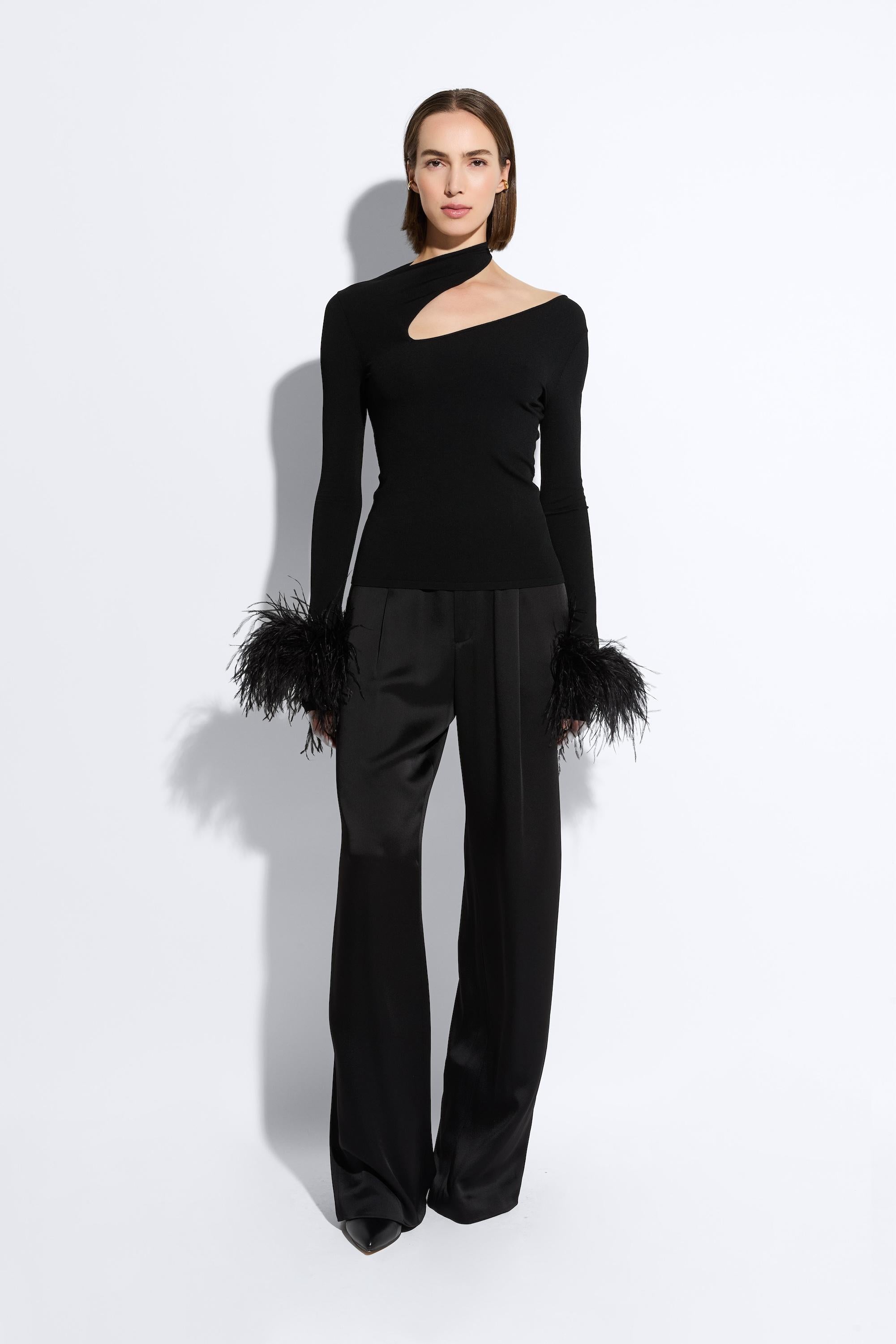 Matte Viscose Asymmetric Top With Feathers