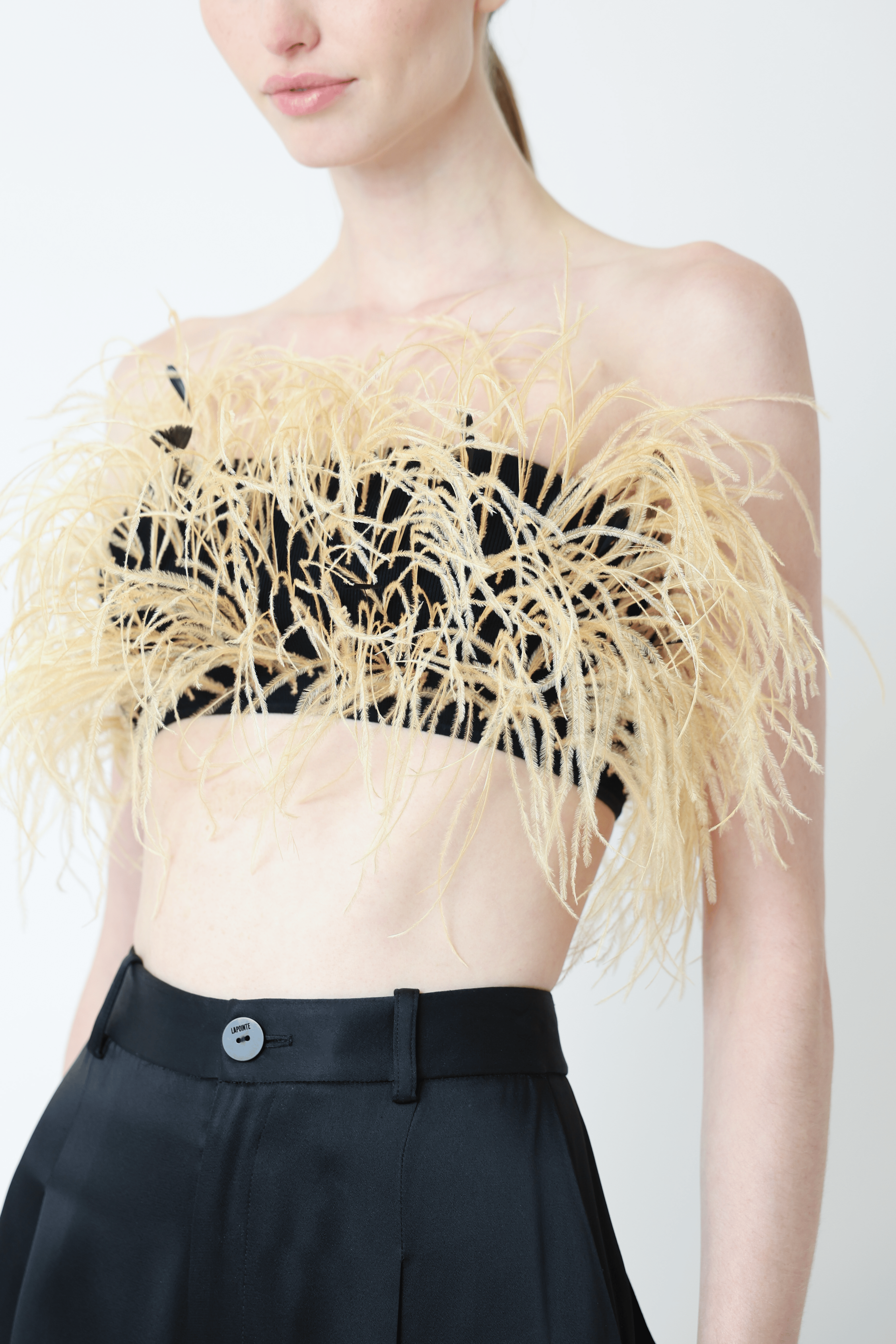 Matte Viscose Ribbed Bandeau With Feathers