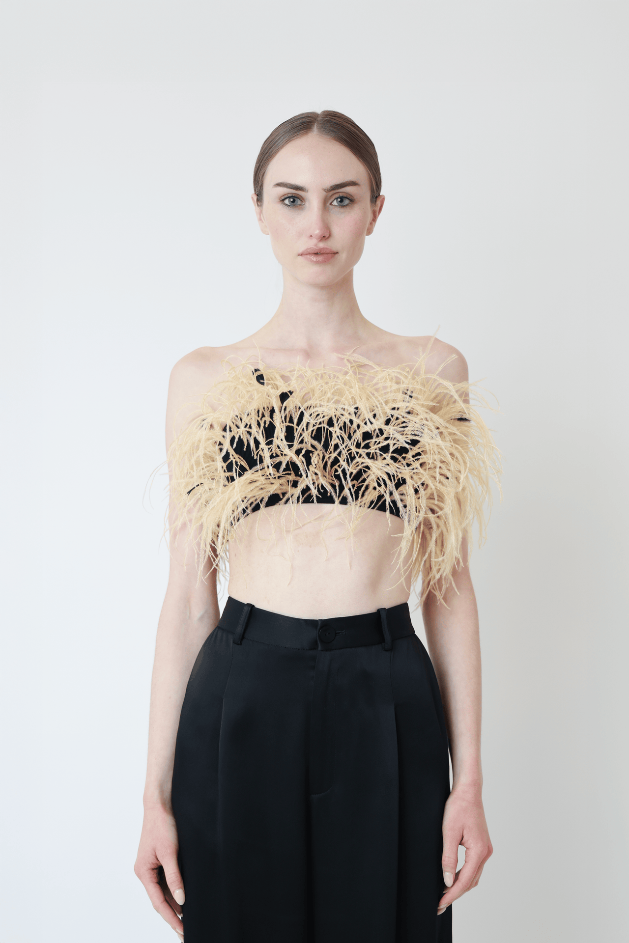 Matte Viscose Ribbed Bandeau With Feathers
