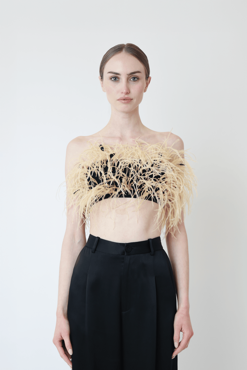Matte Viscose Ribbed Bandeau With Feathers