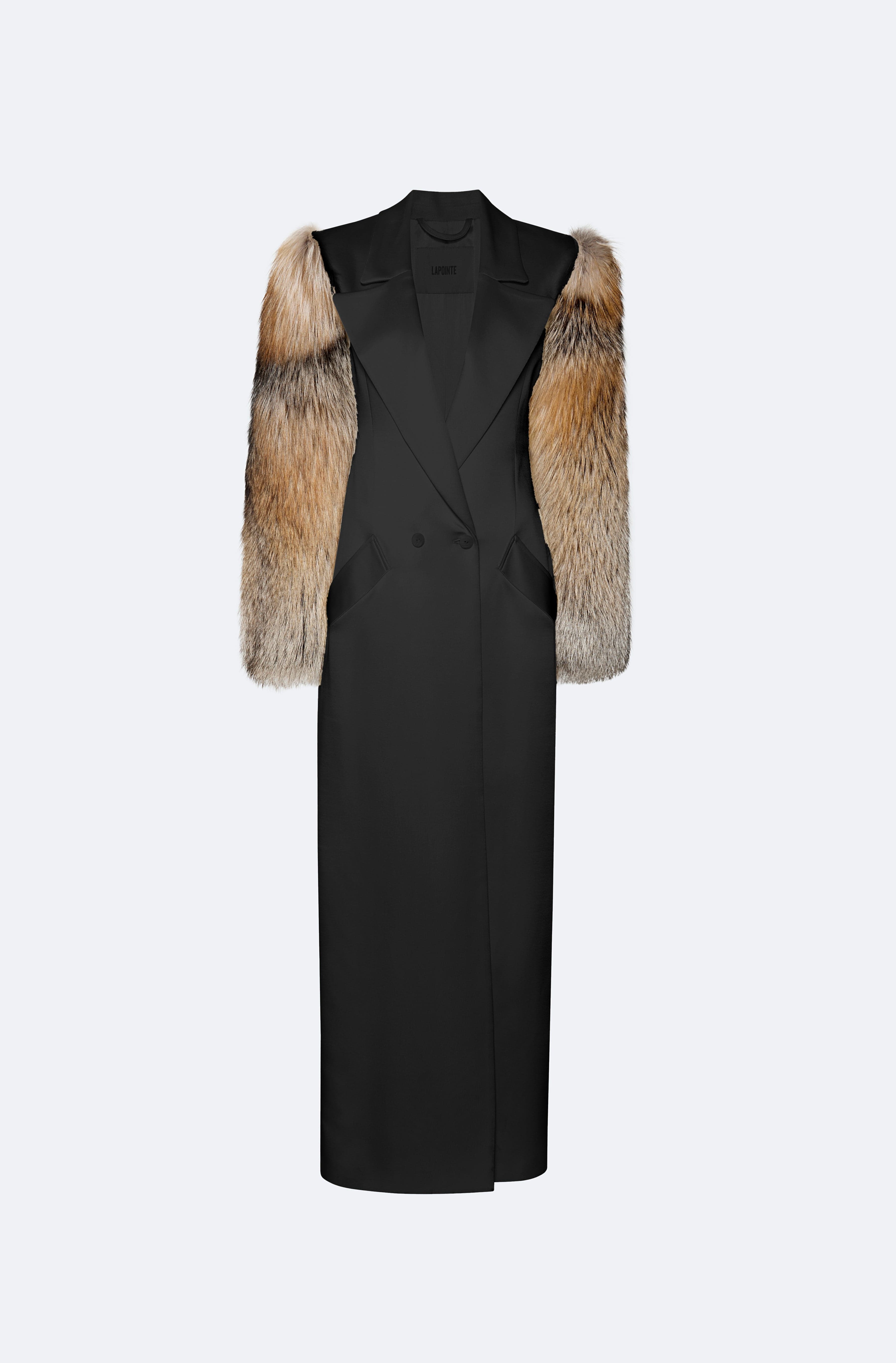Satin Double Breasted Coat With Fur