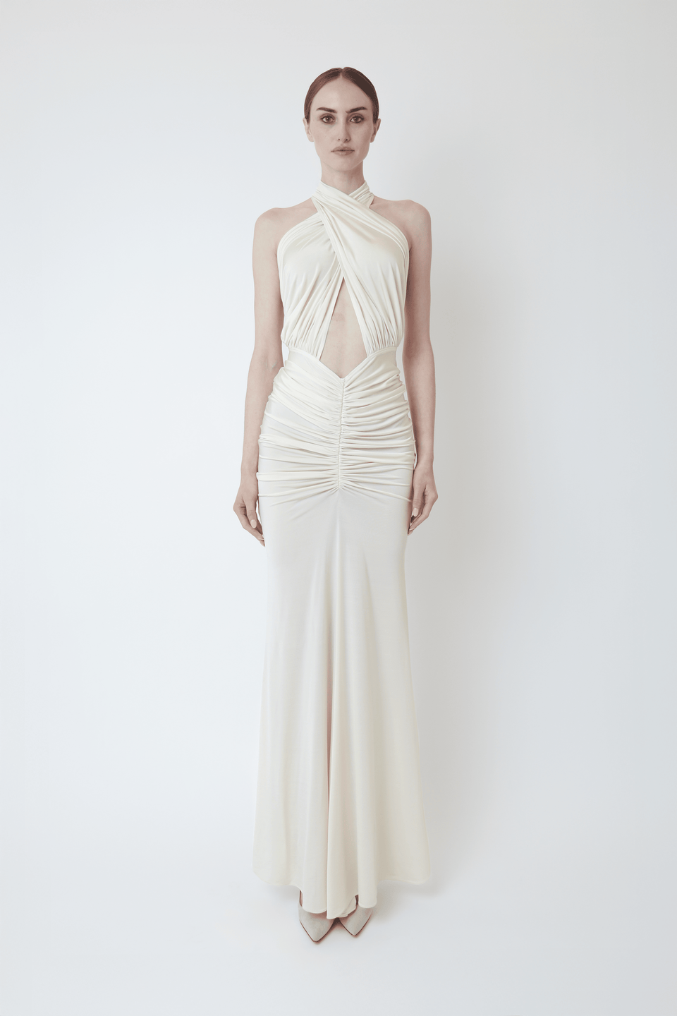 Jersey Sleeveless Halter Ruched Gown