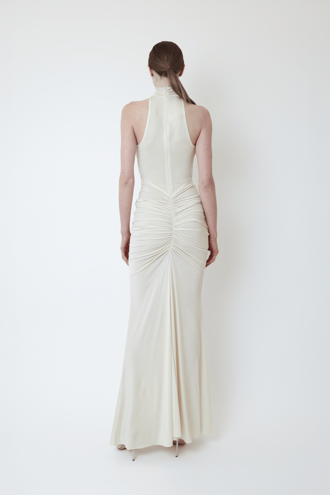 Jersey Sleeveless Halter Ruched Gown