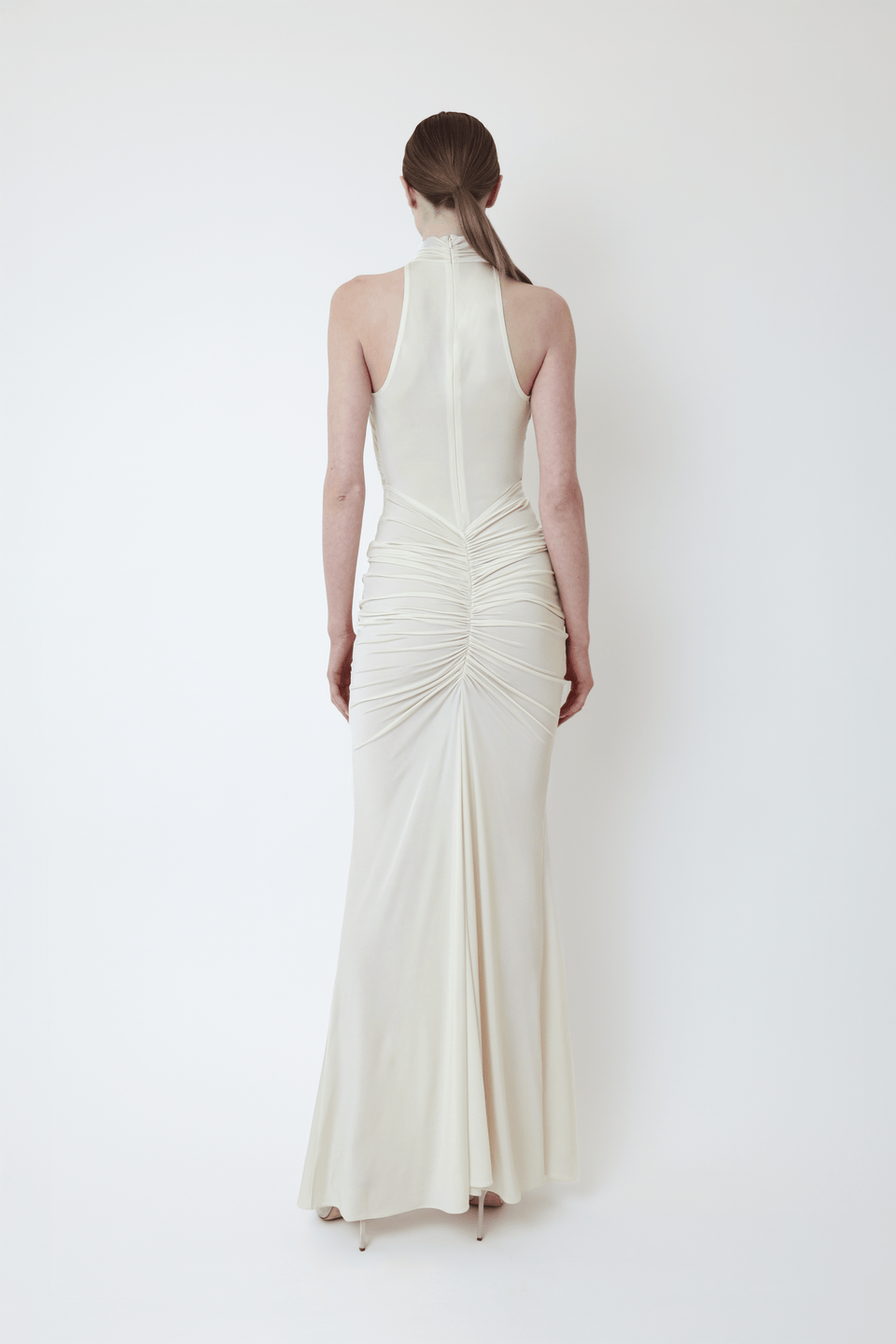 Jersey Sleeveless Halter Ruched Gown