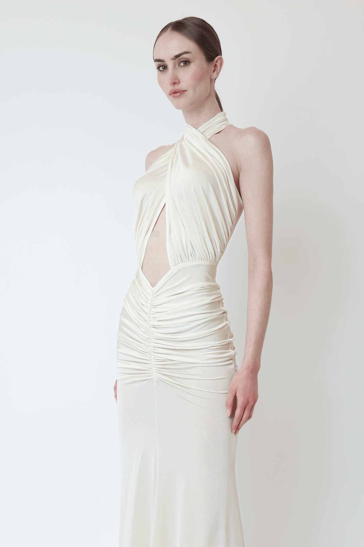 Jersey Sleeveless Halter Ruched Gown