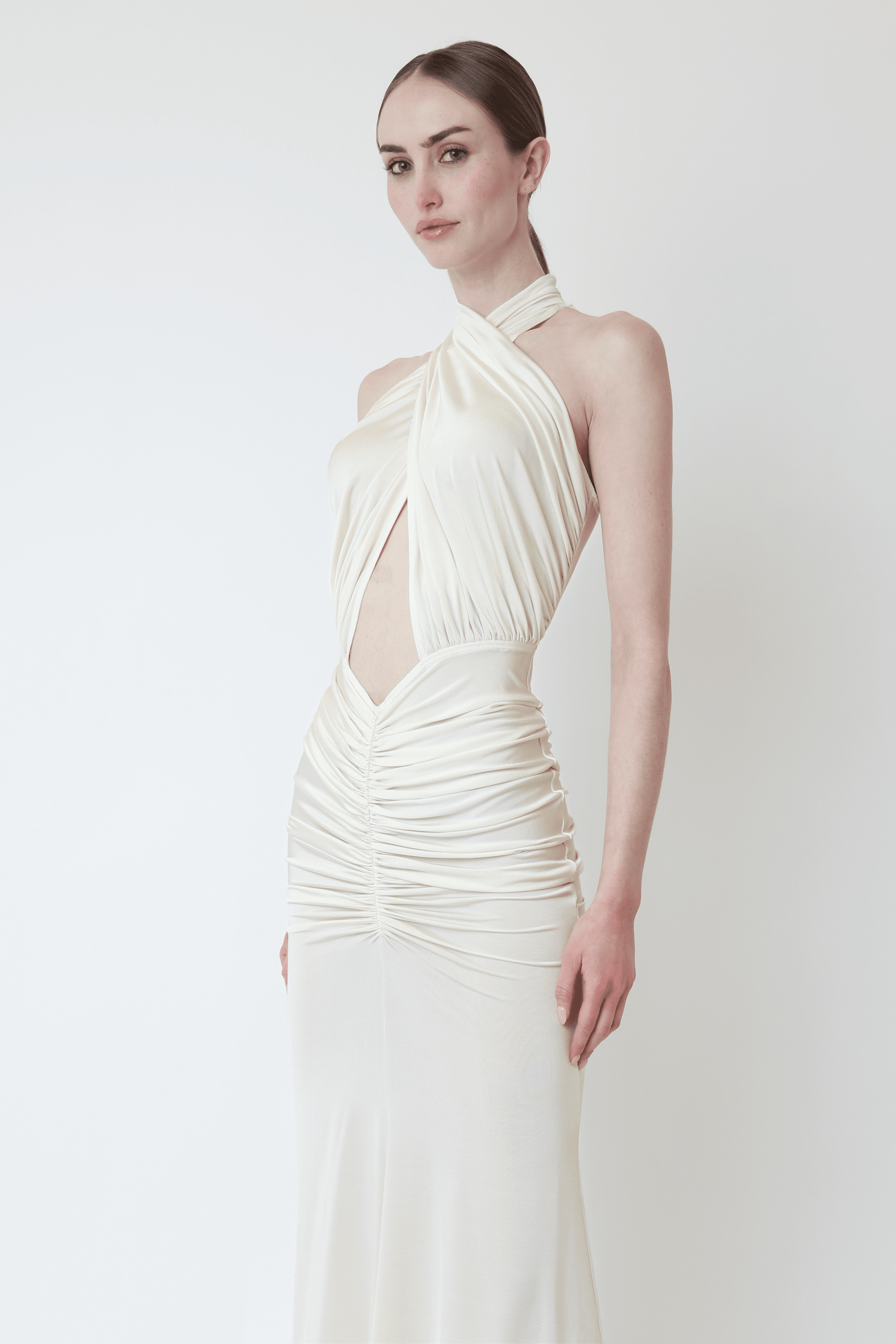 Jersey Sleeveless Halter Ruched Gown - LAPOINTE