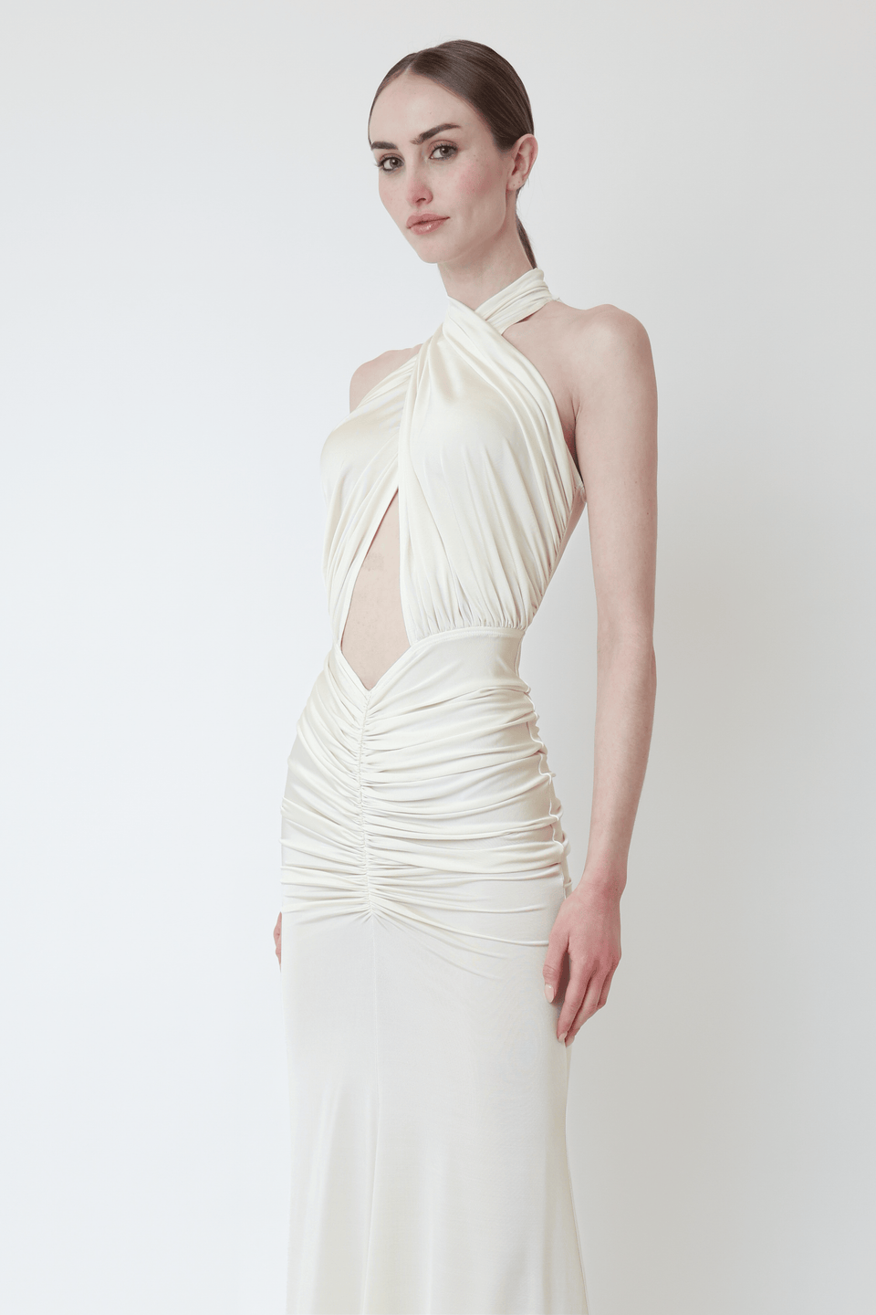 Jersey Sleeveless Halter Ruched Gown