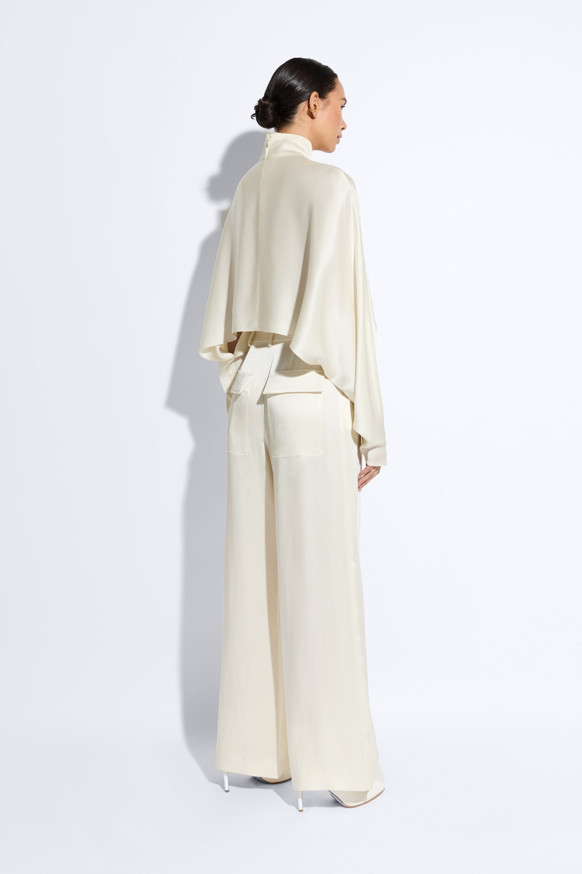 Satin Relaxed Pleated Pant in Cream Cream