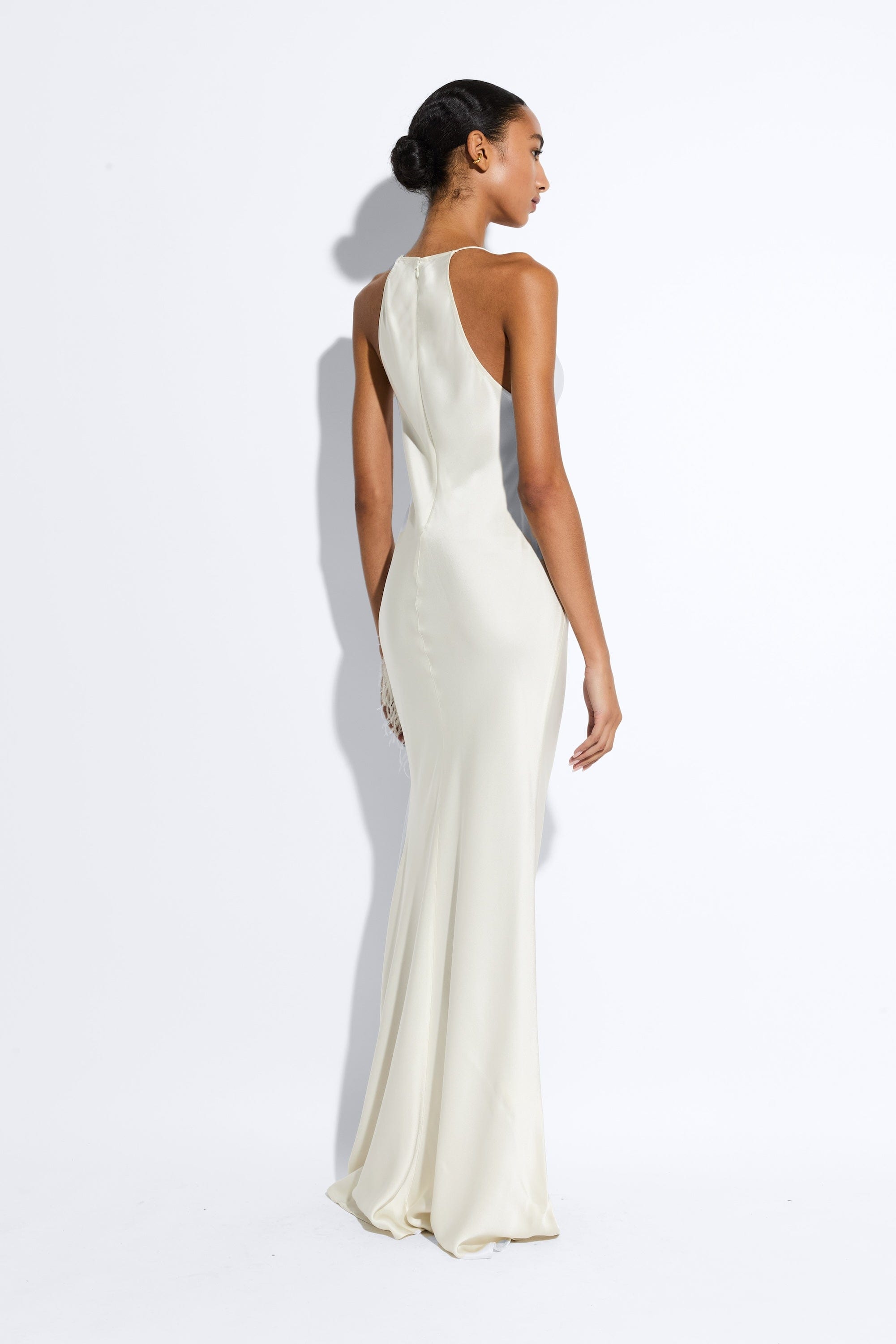 LAPOINTE Satin Halter Gown With Feathers | Cream / 00 LAPOINTE Satin Halter Gown With Feathers | Cream / 00