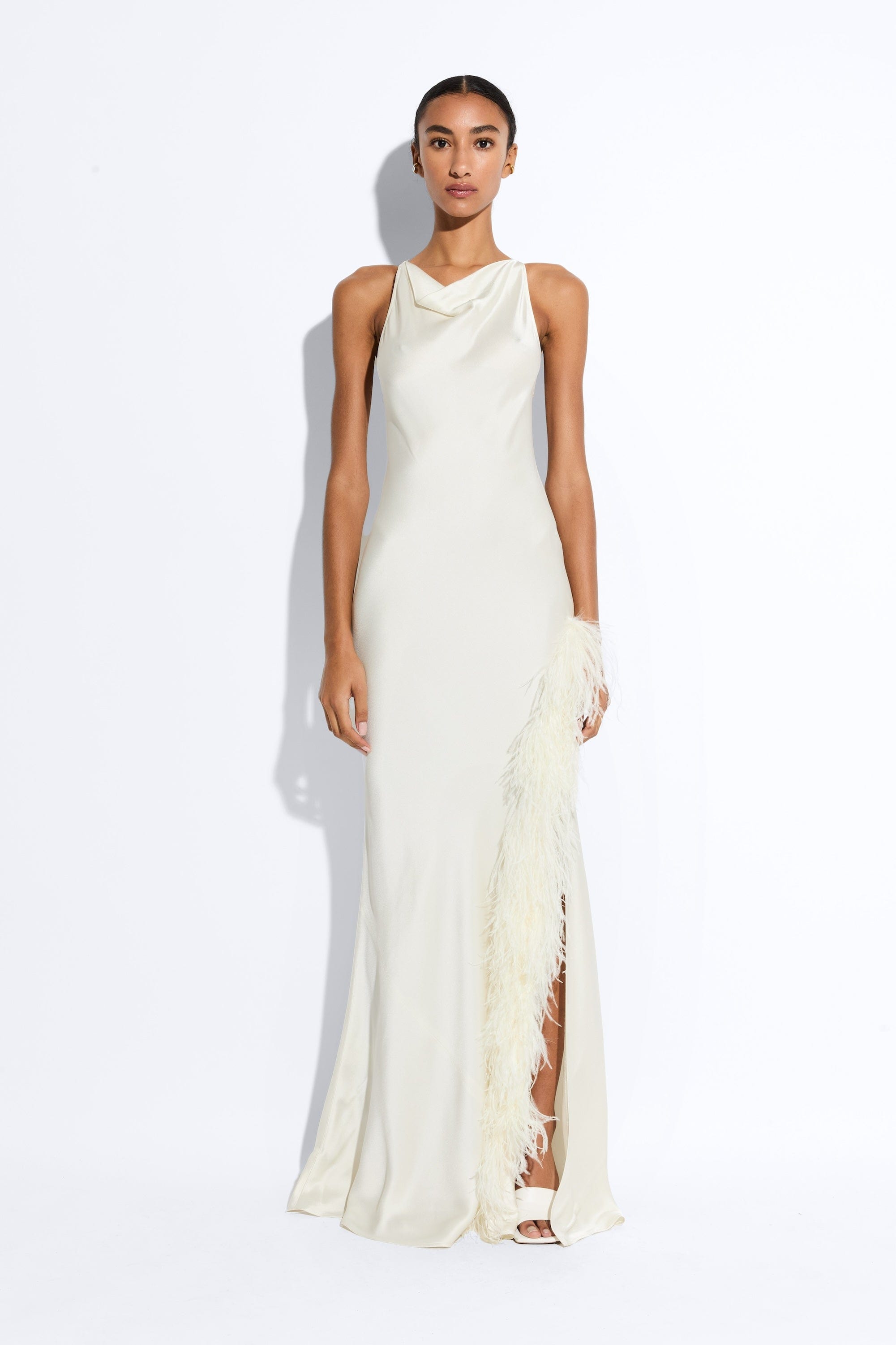LAPOINTE Satin Halter Gown With Feathers | Cream / 00 LAPOINTE Satin Halter Gown With Feathers | Cream / 00