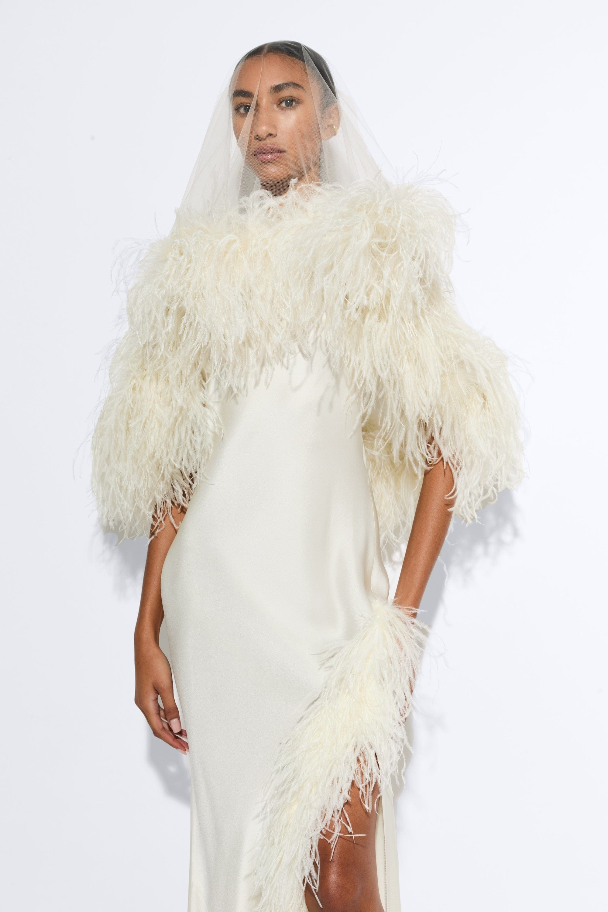 Tulle Veil With Feathers in Cream Cream | LAPOINTE