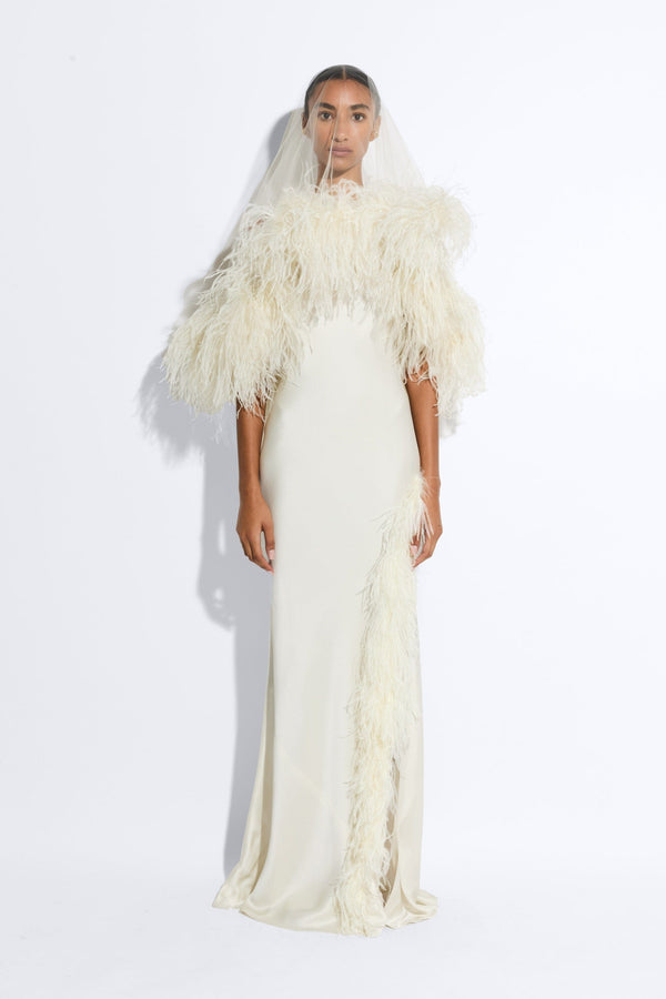 cream dress with feathers Taller Marmo One-Shoulder Ubud Feather Gown - Ivory