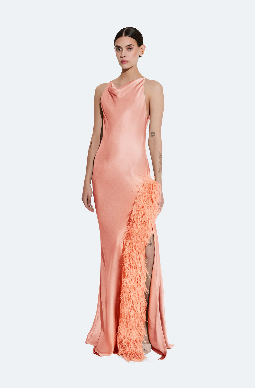 pink satin dress with feathers The pink satin dress adorned with feathers from the Fall 2023 Couture  Collection symphonic fusion of timeless elegance. #BesianaZoguCouture  #Fall2023