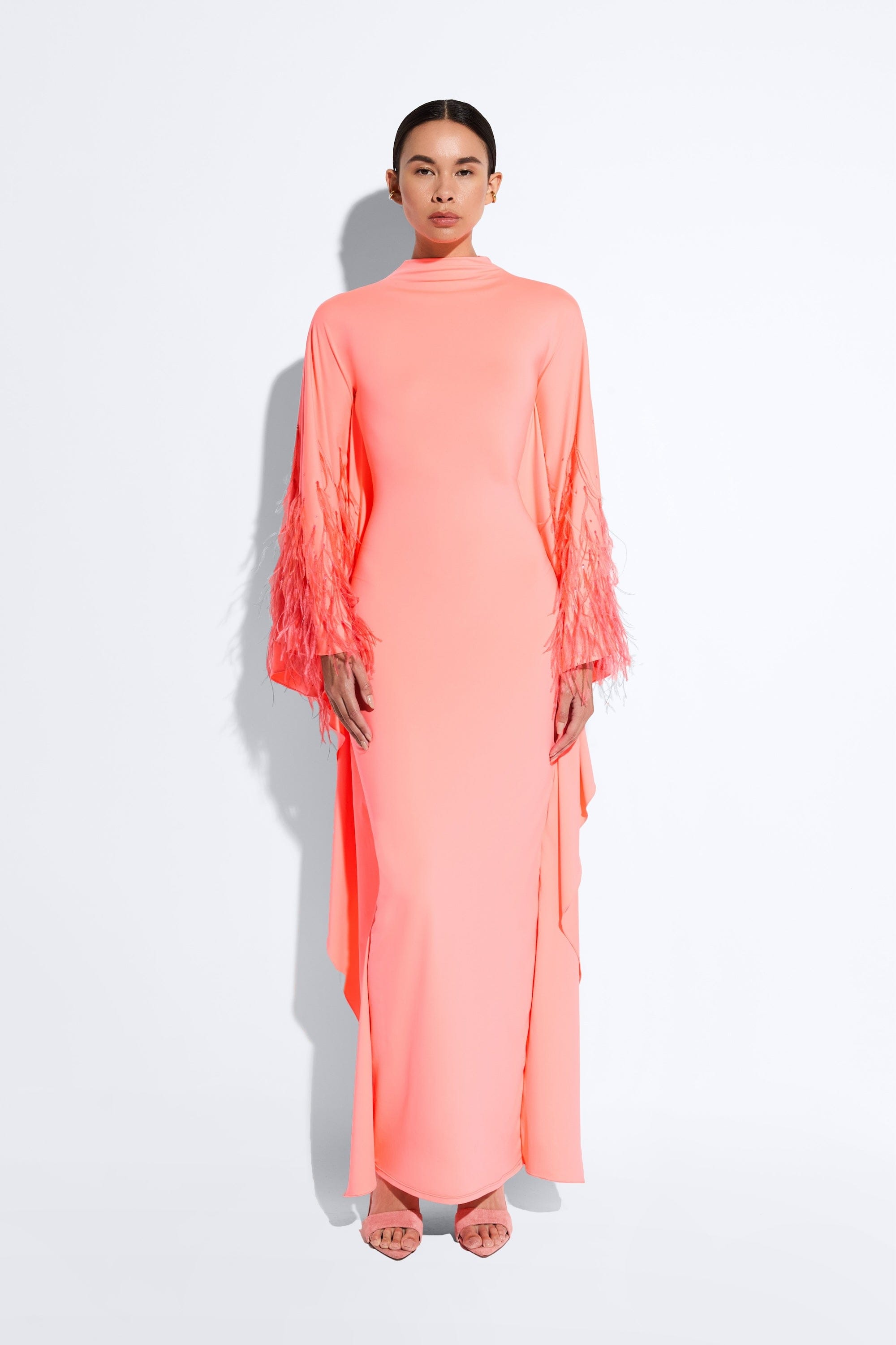 Compact Jersey Mock Neck Batwing Gown With Feather