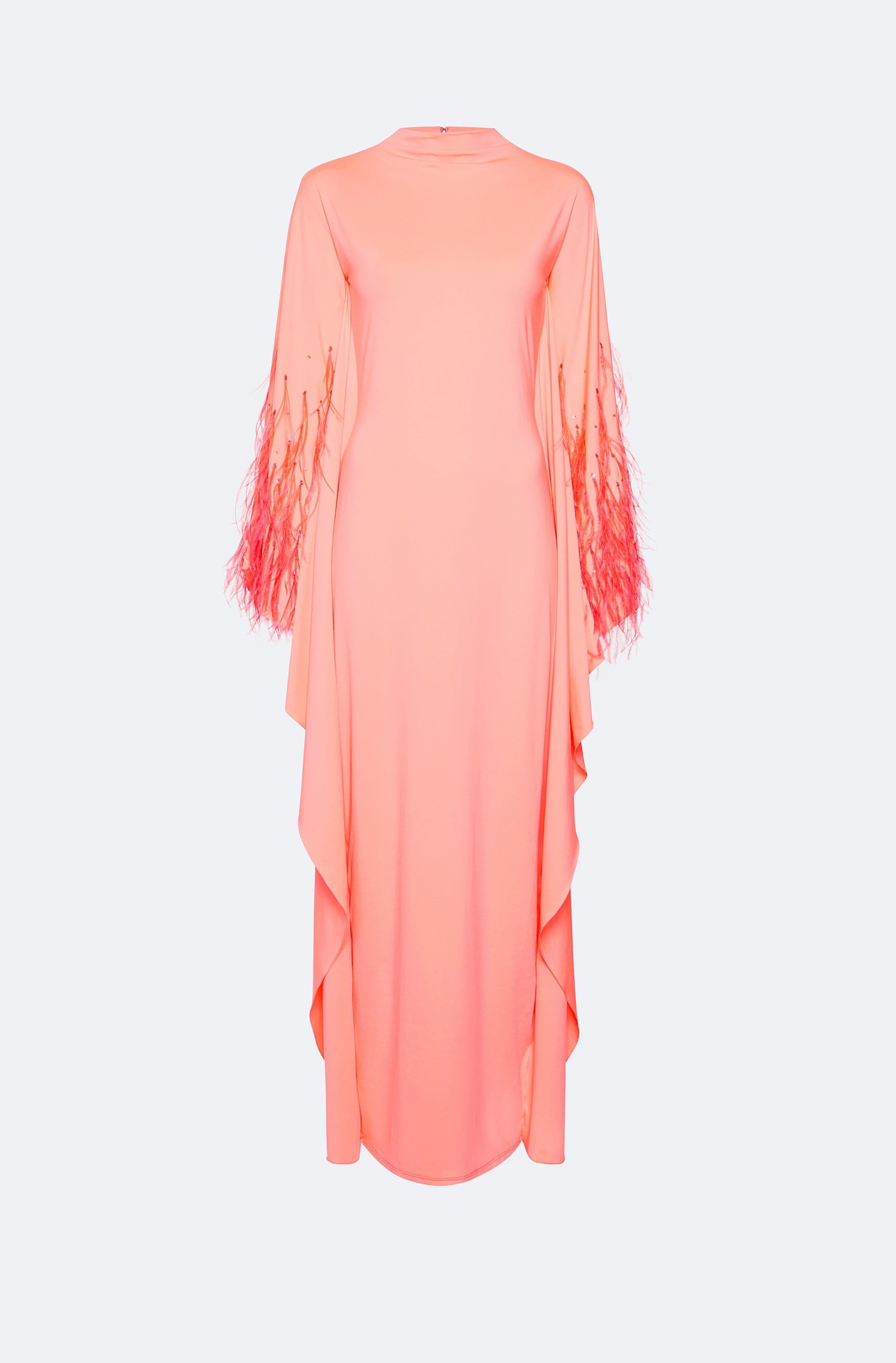 Compact Jersey Mock Neck Batwing Gown With Feather