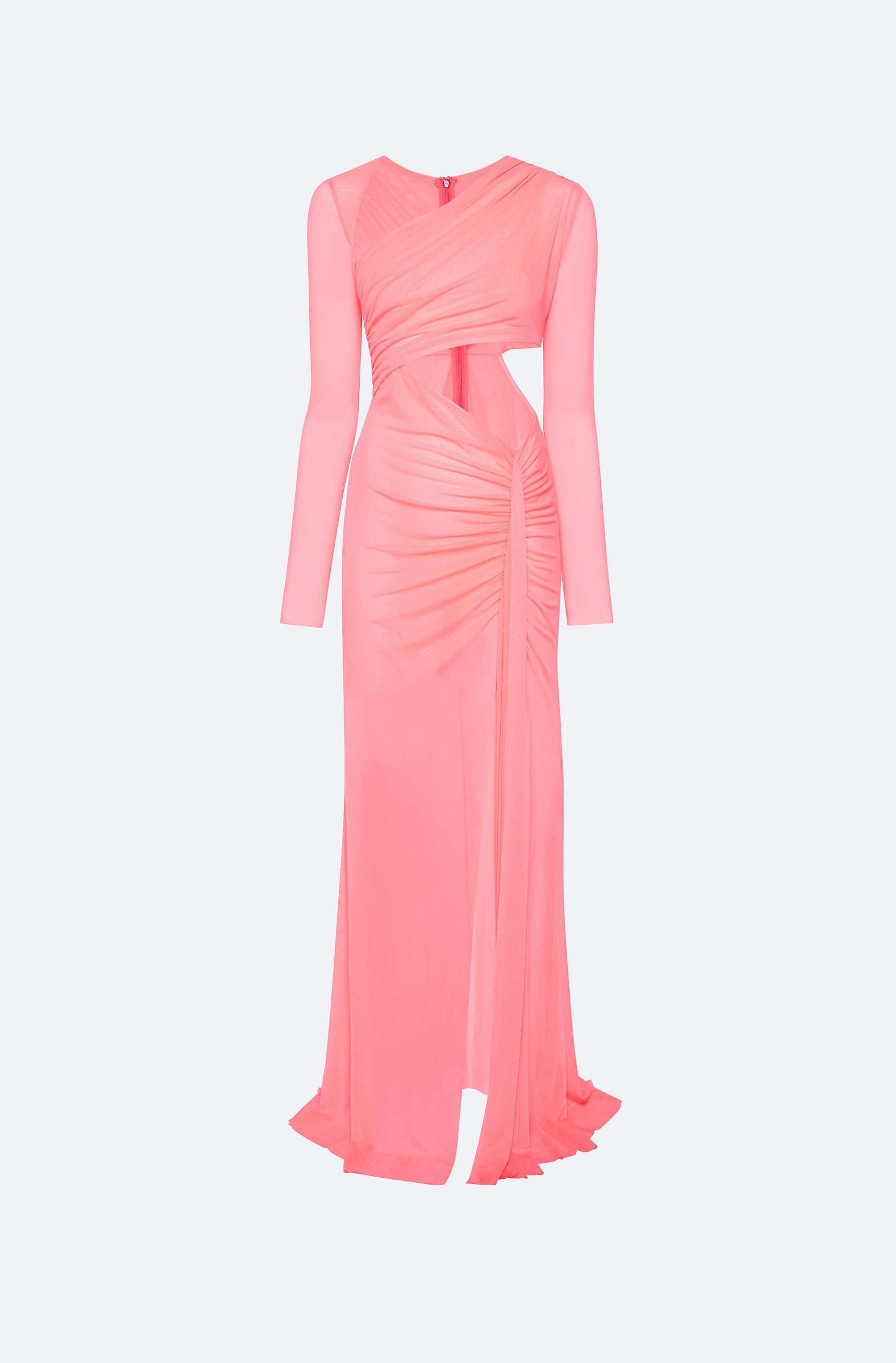 Mesh Asymmetric Cut Out Ruched Gown