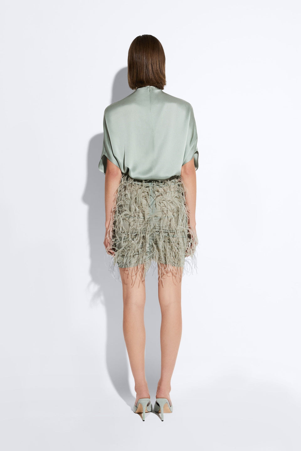 Mesh Ruched Mini Skirt With Feathers