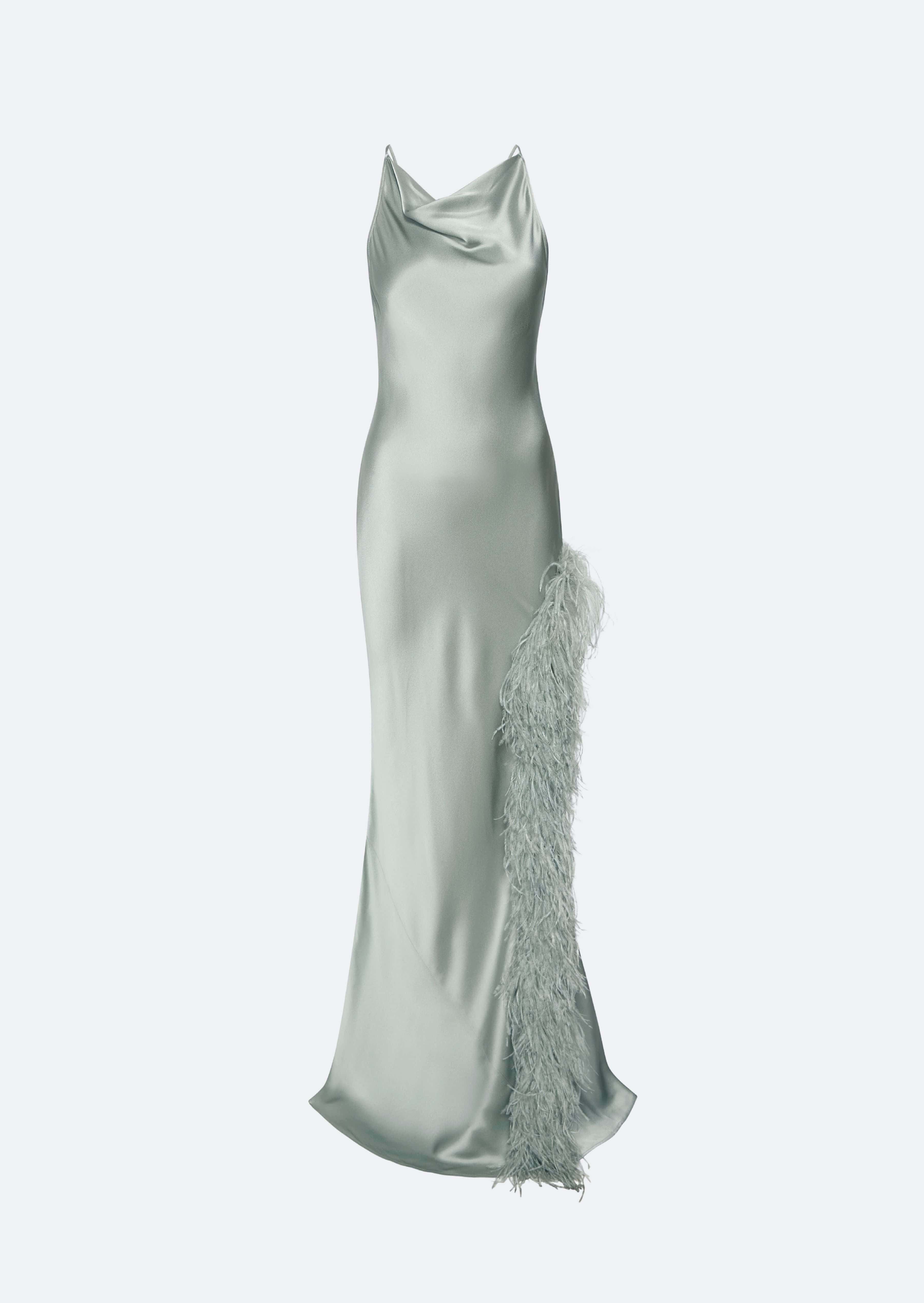 Satin Halter Gown With Feathers