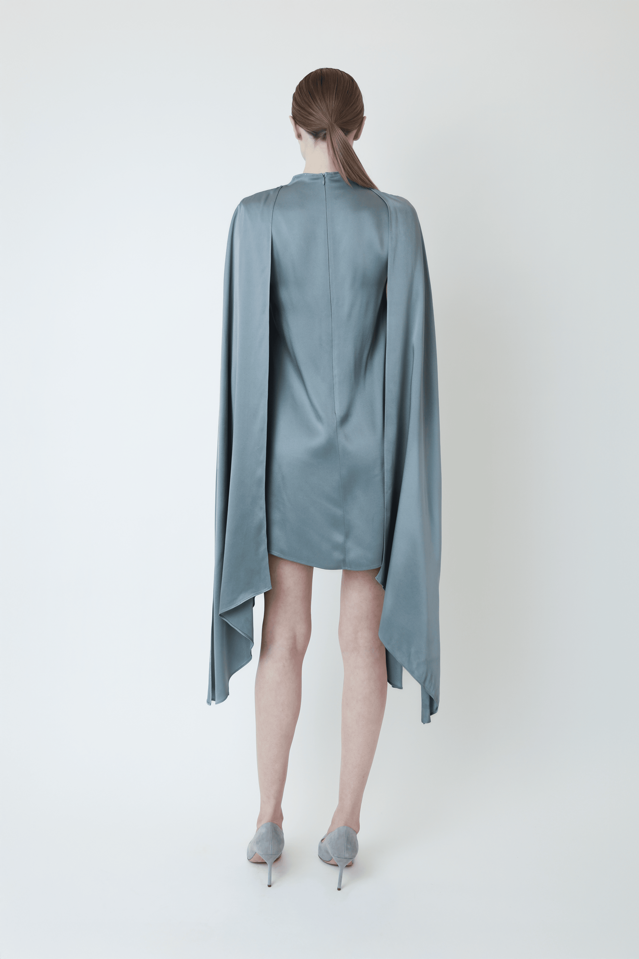 grey cape dress Long Sleeves Overlay Cape Effect Boatneck Long Dress Black