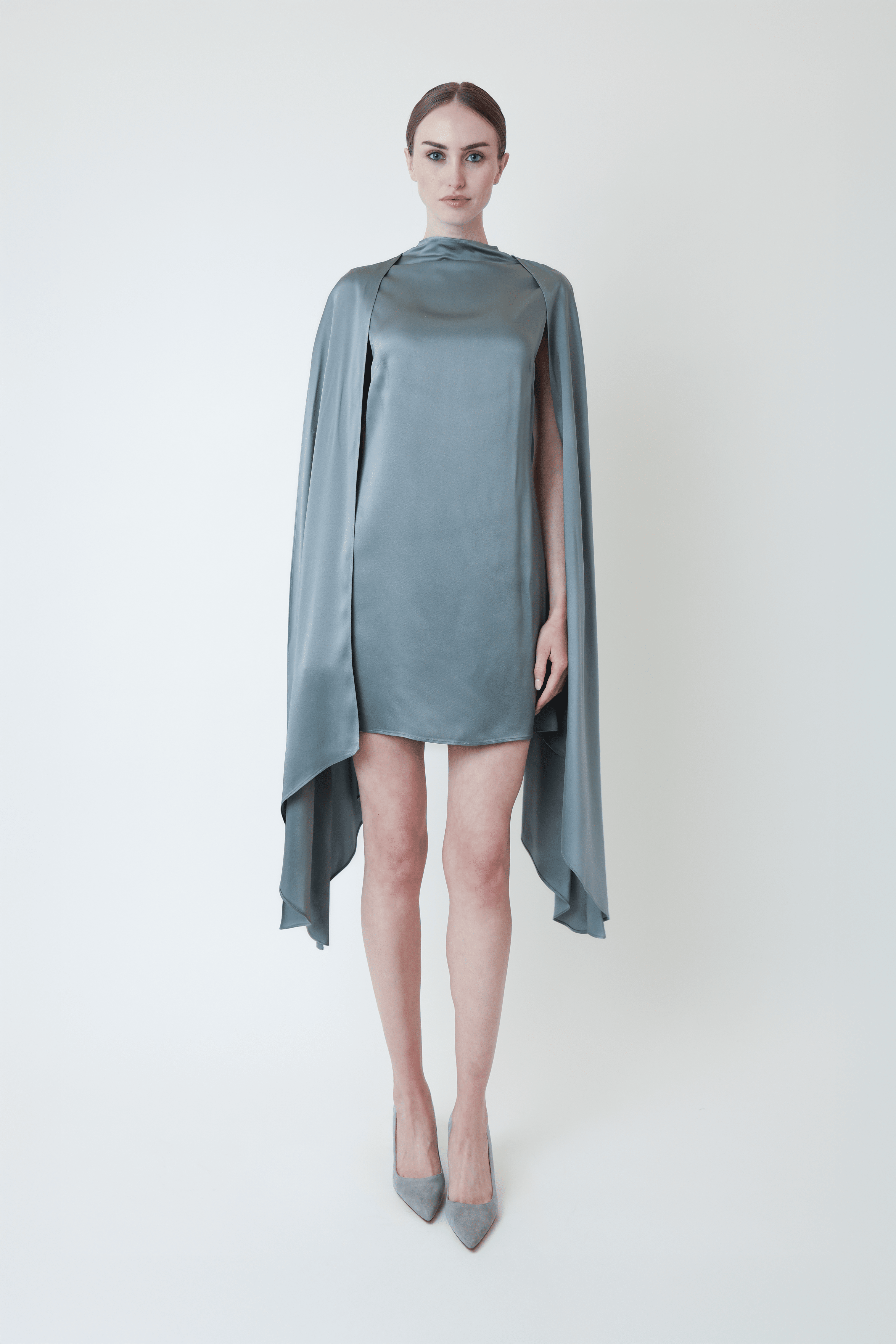 LAPOINTE Satin Cape Sleeve Mini Dress | Light Slate / 0 LAPOINTE Satin Cape Sleeve Mini Dress | Light Slate / 0