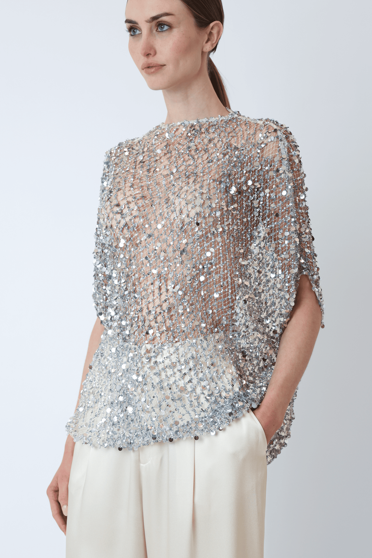 Net Mesh Sequin Cape Tee in Silver Metallic | LAPOINTE