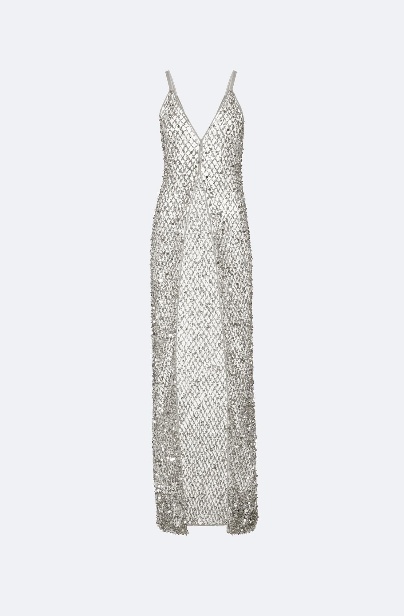Net Mesh Sequin Long V Neck Cami Top in Silver Steel | LAPOINTE Net Mesh Sequin Long V Neck Cami Top in Silver Steel | LAPOINTE