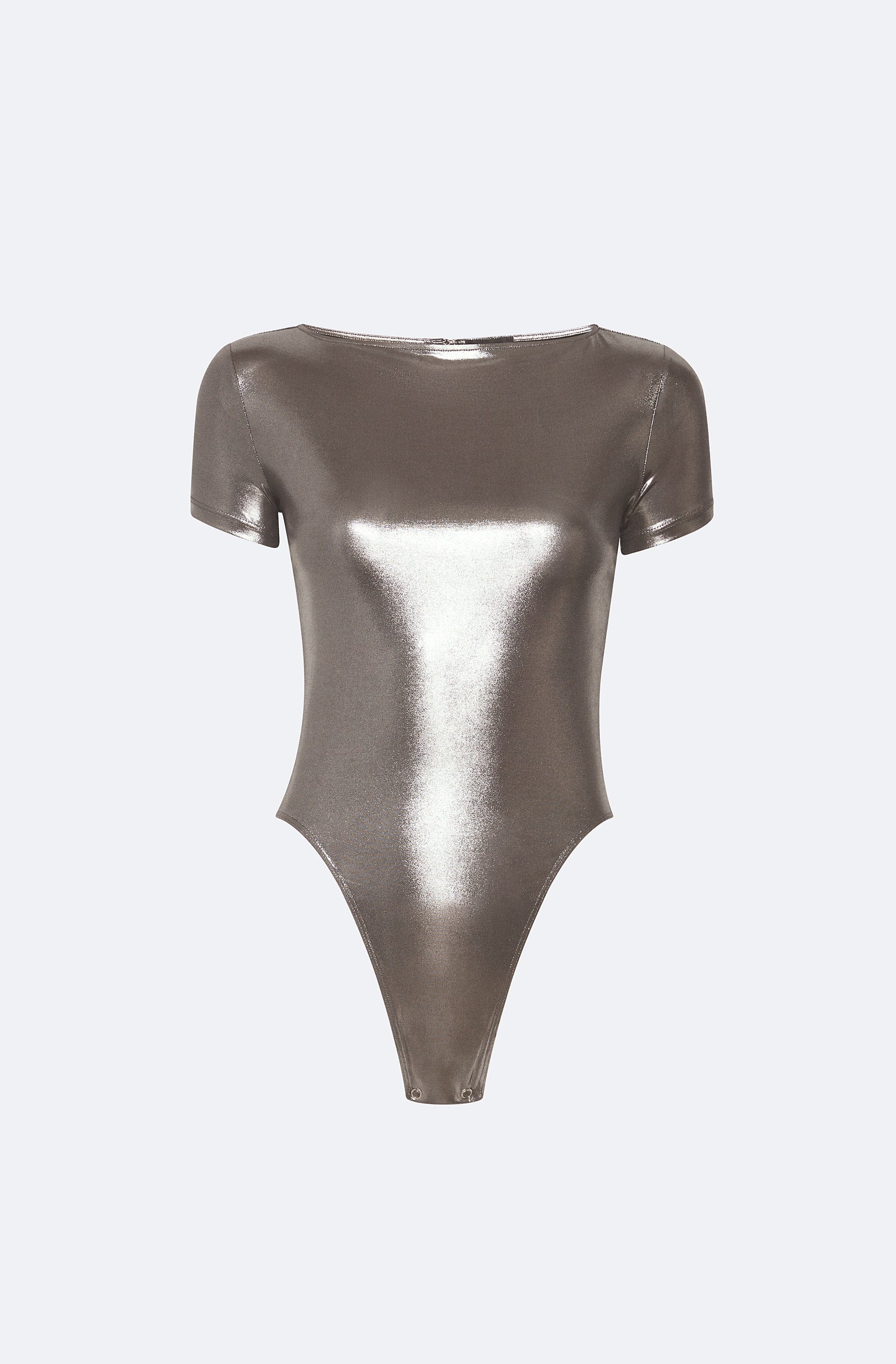 Coated Jersey Short Sleeve Boatneck Bodysuit in Steel Steel | LAPOINTE