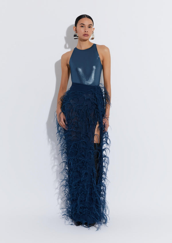 Georgette Maxi Skirt With Feathers - LAPOINTE