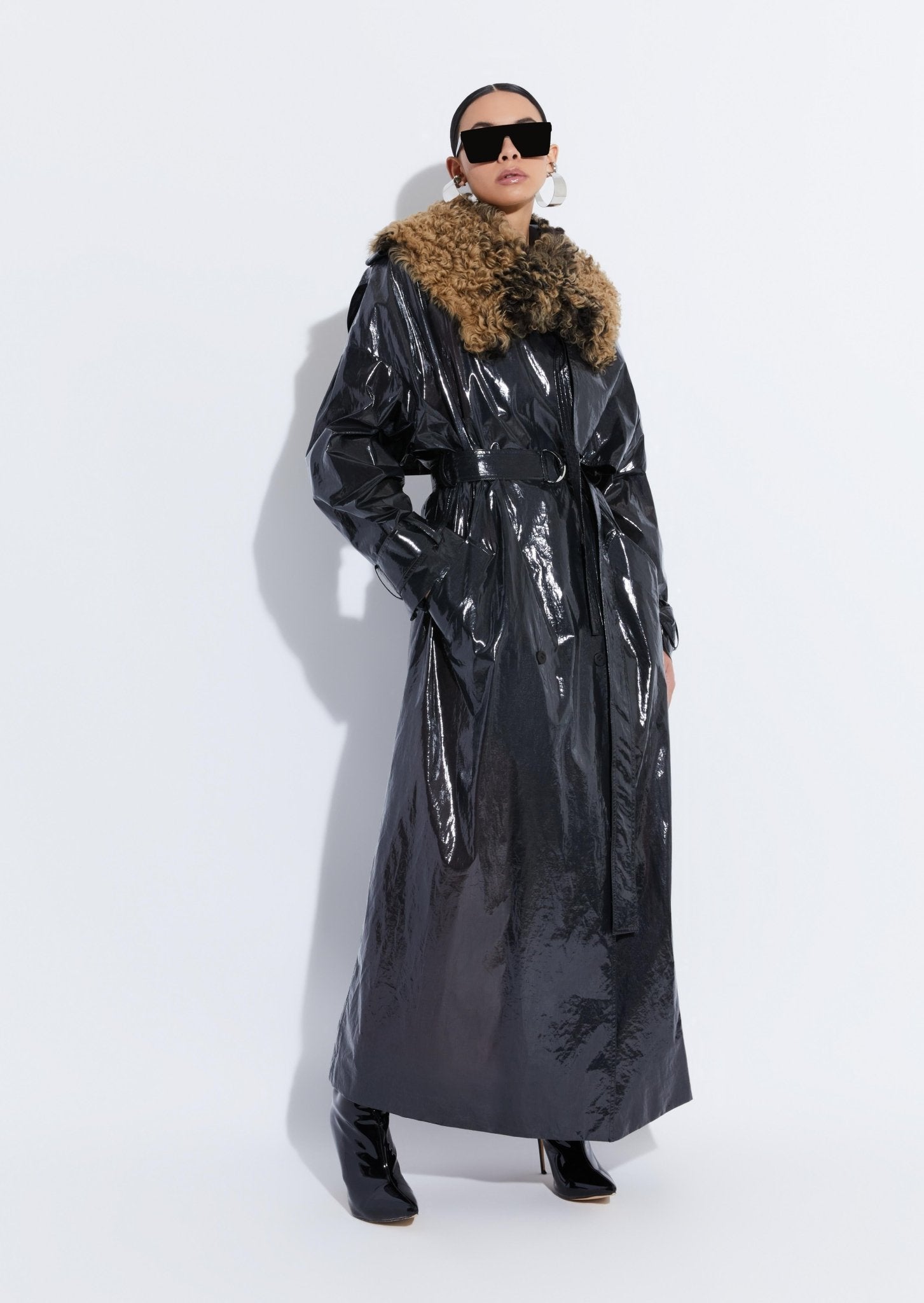 Black pvc coat clearance with fur hood