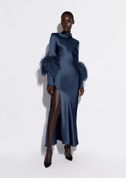 Satin Bias Feather Dress With Slit in Ink Blue Satin Bias Feather Dress With Slit in Ink Blue