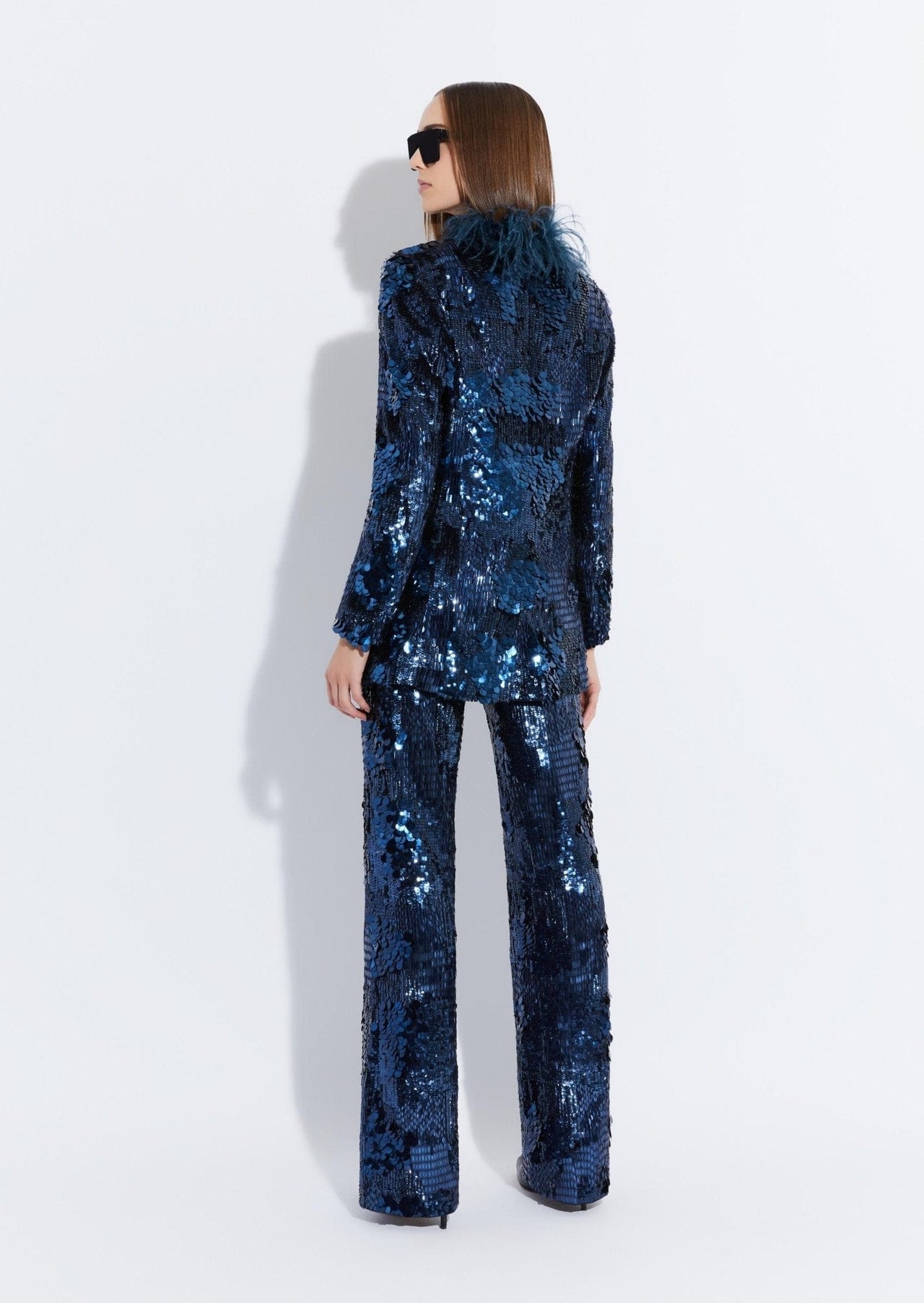 Patchwork Sequin Collarless Blazer With Feathers - LAPOINTE