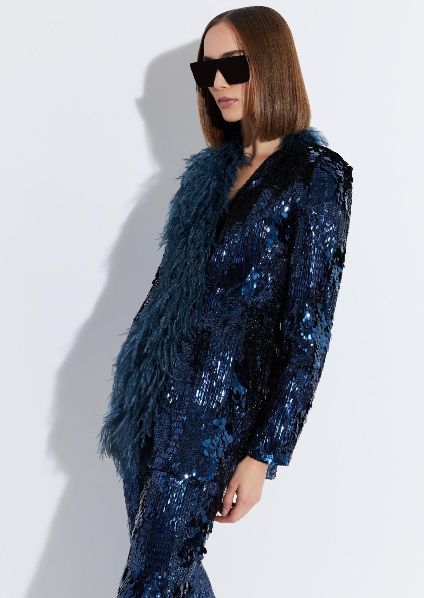 Patchwork Sequin Collarless Blazer With Feathers - LAPOINTE