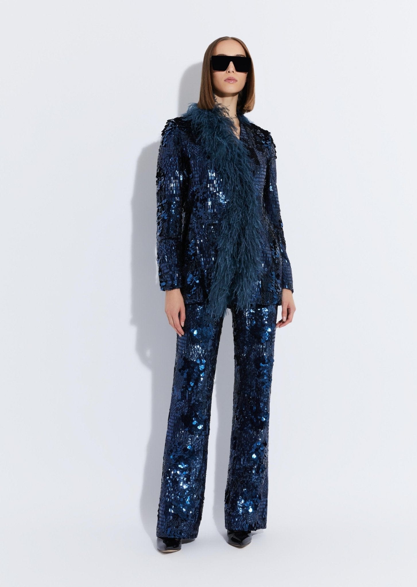 Patchwork Sequin Collarless Blazer With Feathers - LAPOINTE