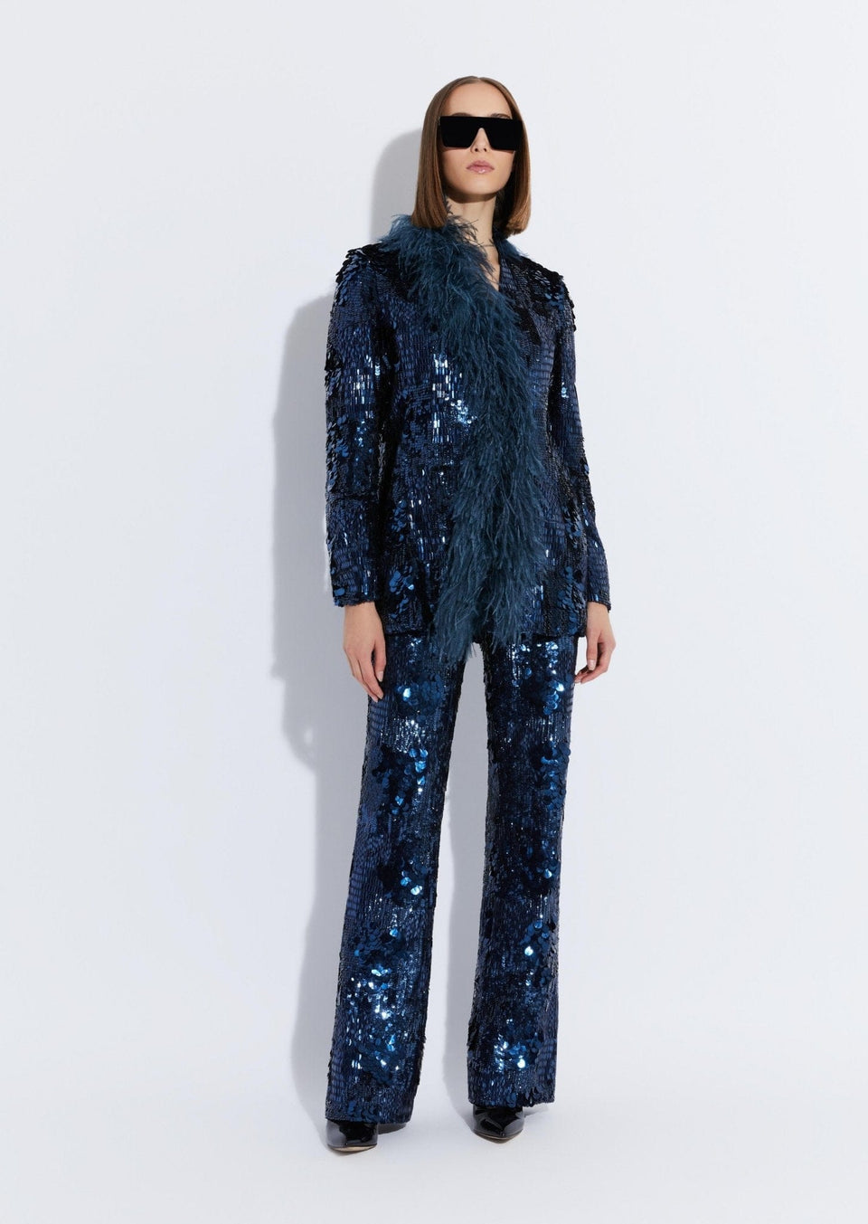 Patchwork Sequin Collarless Blazer With Feathers - LAPOINTE