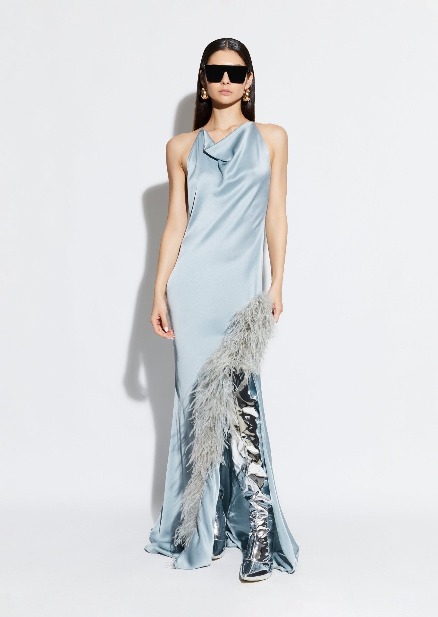 Satin Halter Gown with Feathers - LAPOINTE