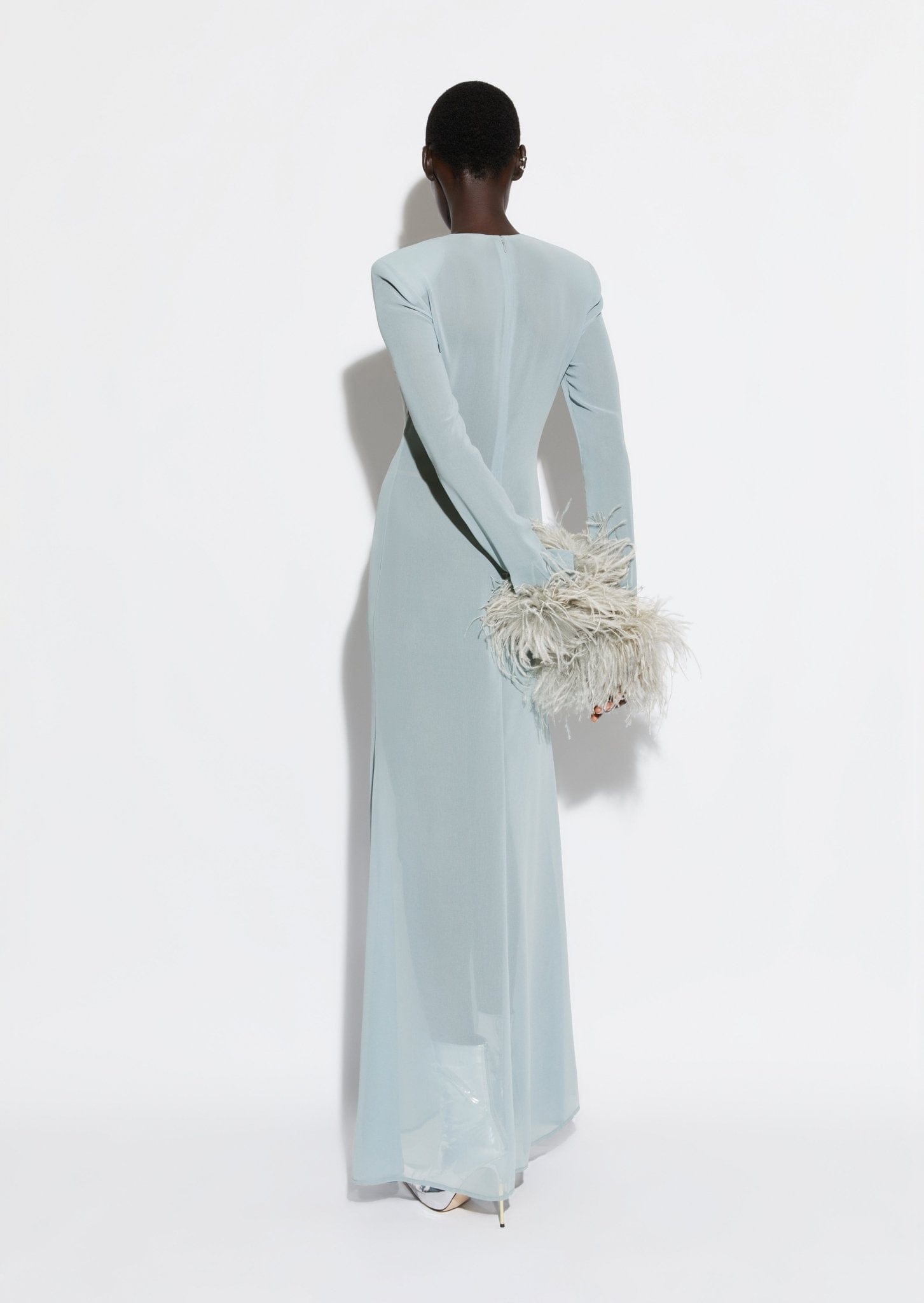 Georgette Flare Sleeve Dress With Feathers in Dove LAPOINTE