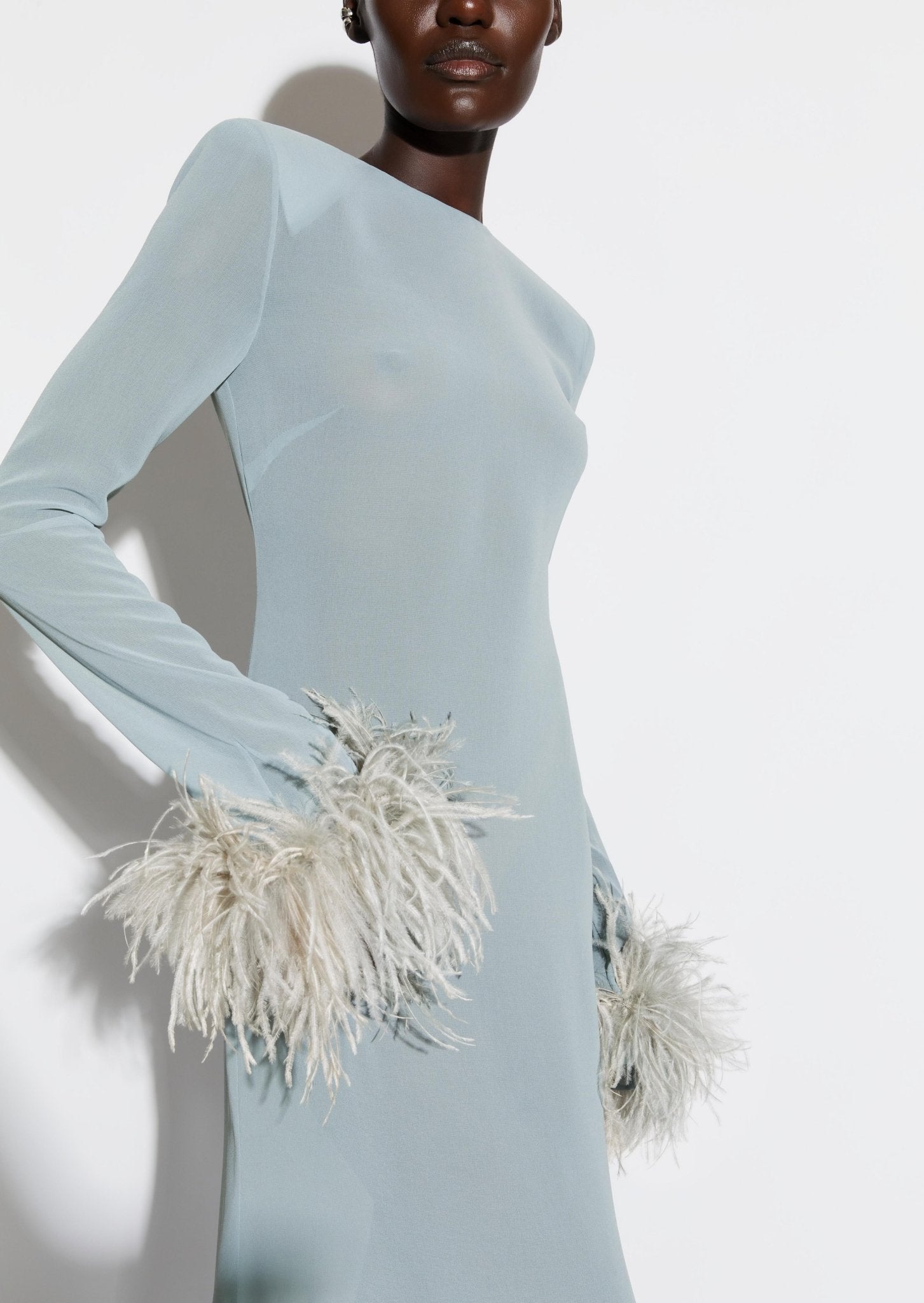 Georgette Flare Sleeve Dress With Feathers - LAPOINTE