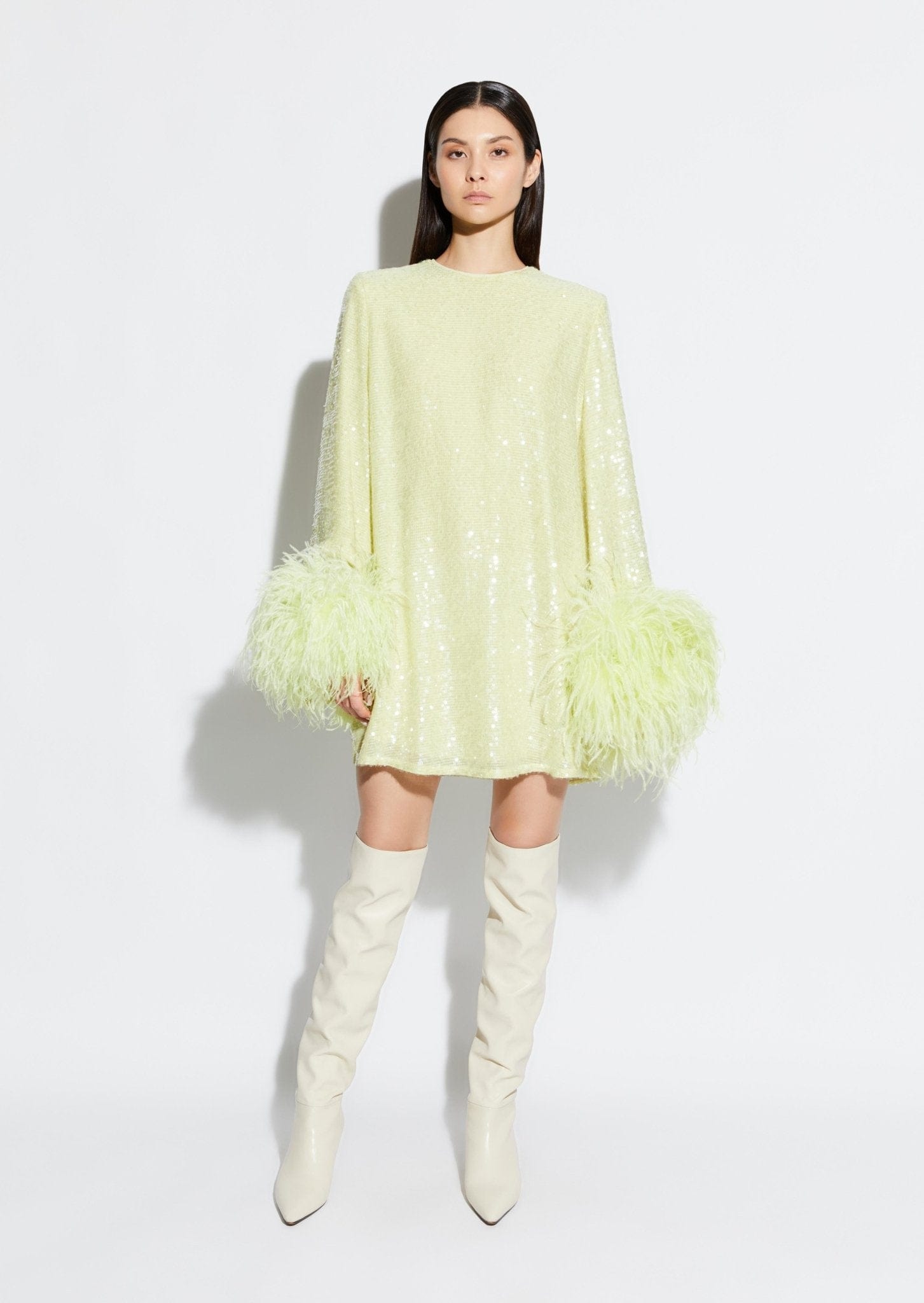Sequin Dress With Feathers in Limon Yellow and Green LAPOINTE