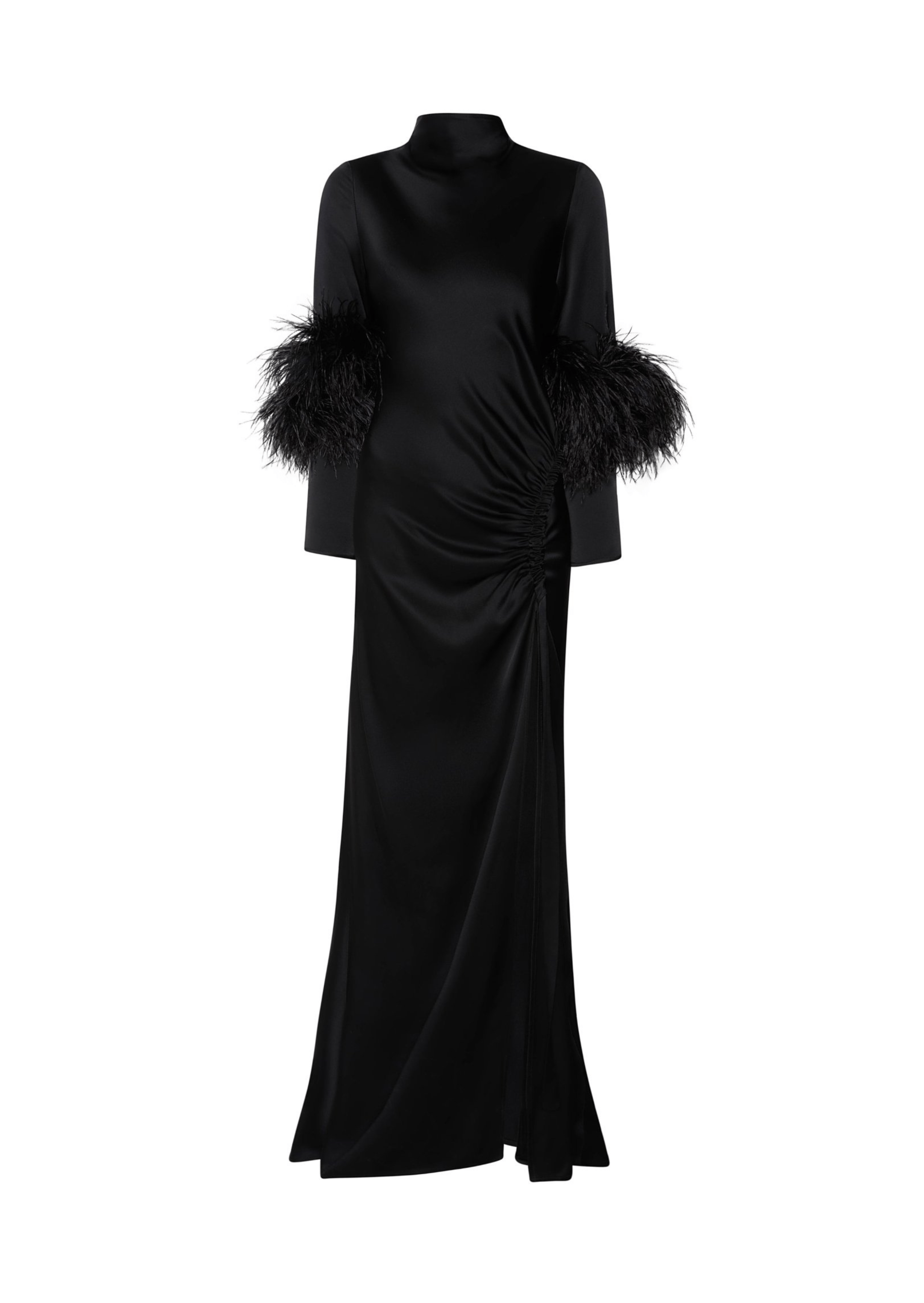 Satin Bias Tab Gown With Slit And Feathers